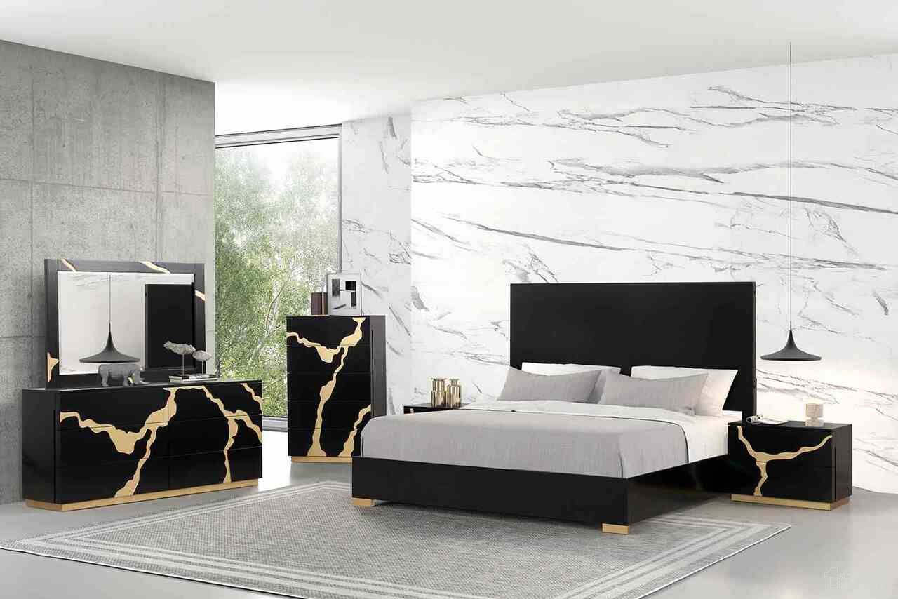 The appearance of Goldsberg Panel Bedroom Set In Black and Gold designed by Furniture of America in the modern / contemporary interior design. This black/gold piece of furniture was selected by 1StopBedrooms from Goldsberg Collection to add a touch of cosiness and style into your home. Sku: FM7425BK-Q-FB;FM7425BK-Q-HB-P;FM7425BK-Q-R;FM7425BK-N. Bed Type: Panel Bed. Bed Size: King. Material: Birch.
