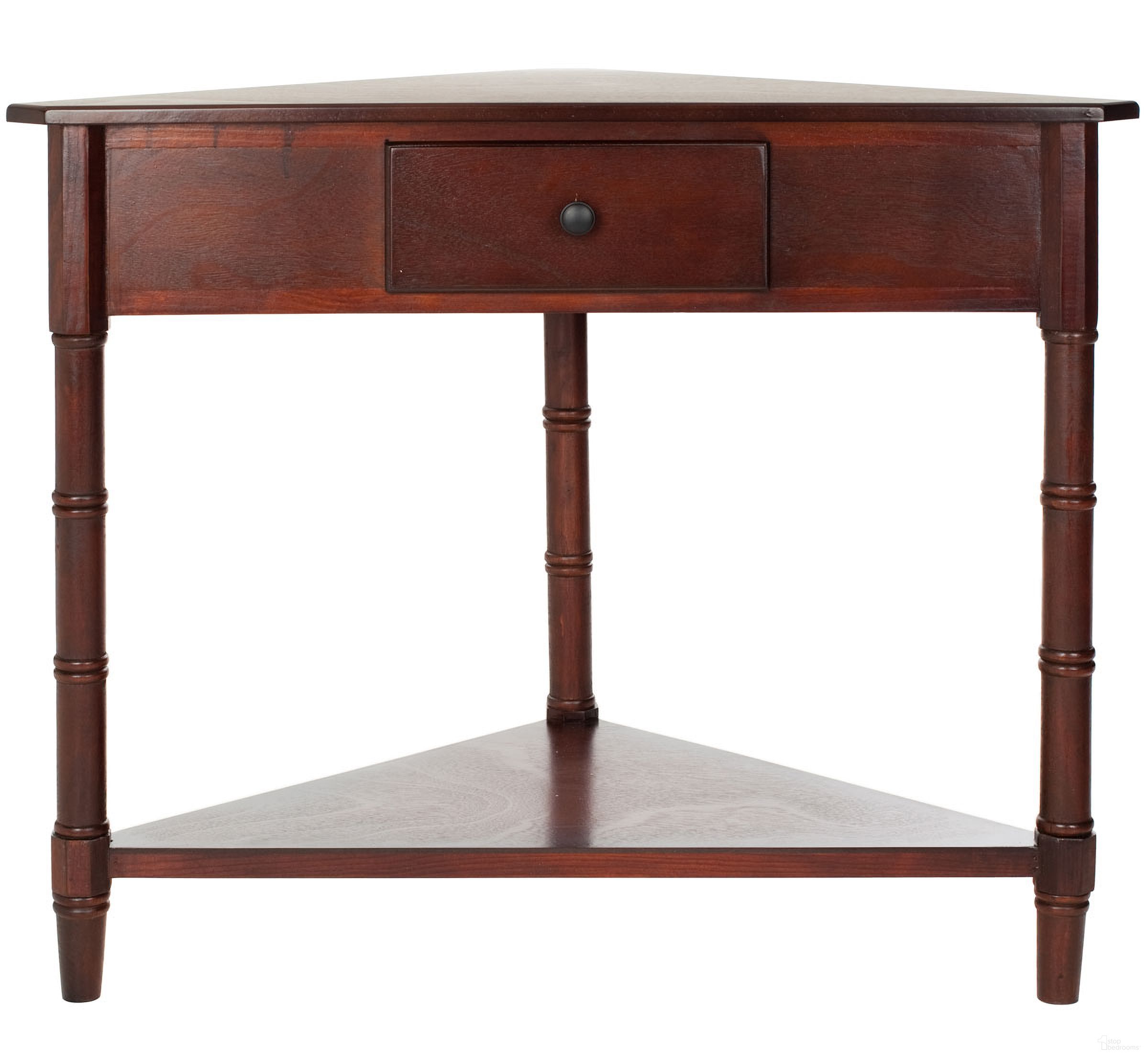 The appearance of Gomez Dark Cherry Corner Table with Storage Drawer designed by Safavieh in the transitional interior design. This dark cherry piece of furniture  was selected by 1StopBedrooms from Gomez Collection to add a touch of cosiness and style into your home. Sku: AMH5709D. Material: Aluminum.