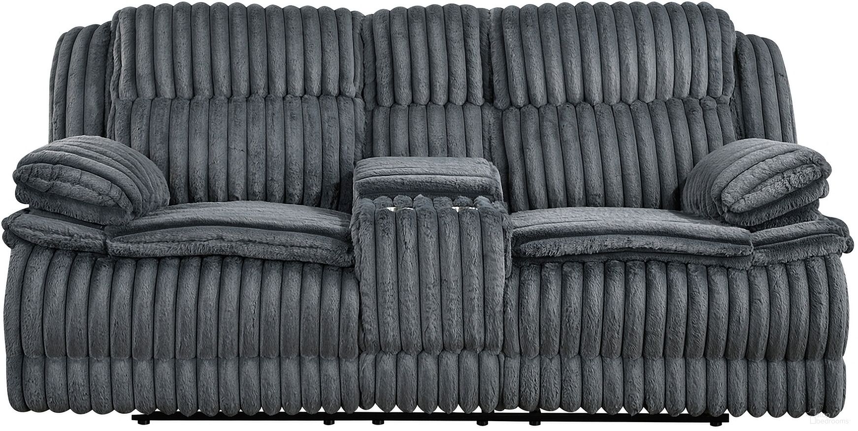 The appearance of Goodland Double Reclining Loveseat with Center Console In Dark Gray designed by Homelegance in the modern / contemporary interior design. This dark gray piece of furniture was selected by 1StopBedrooms from Goodland Collection to add a touch of cosiness and style into your home. Sku: 9577DG-2. Material: Corduroy.