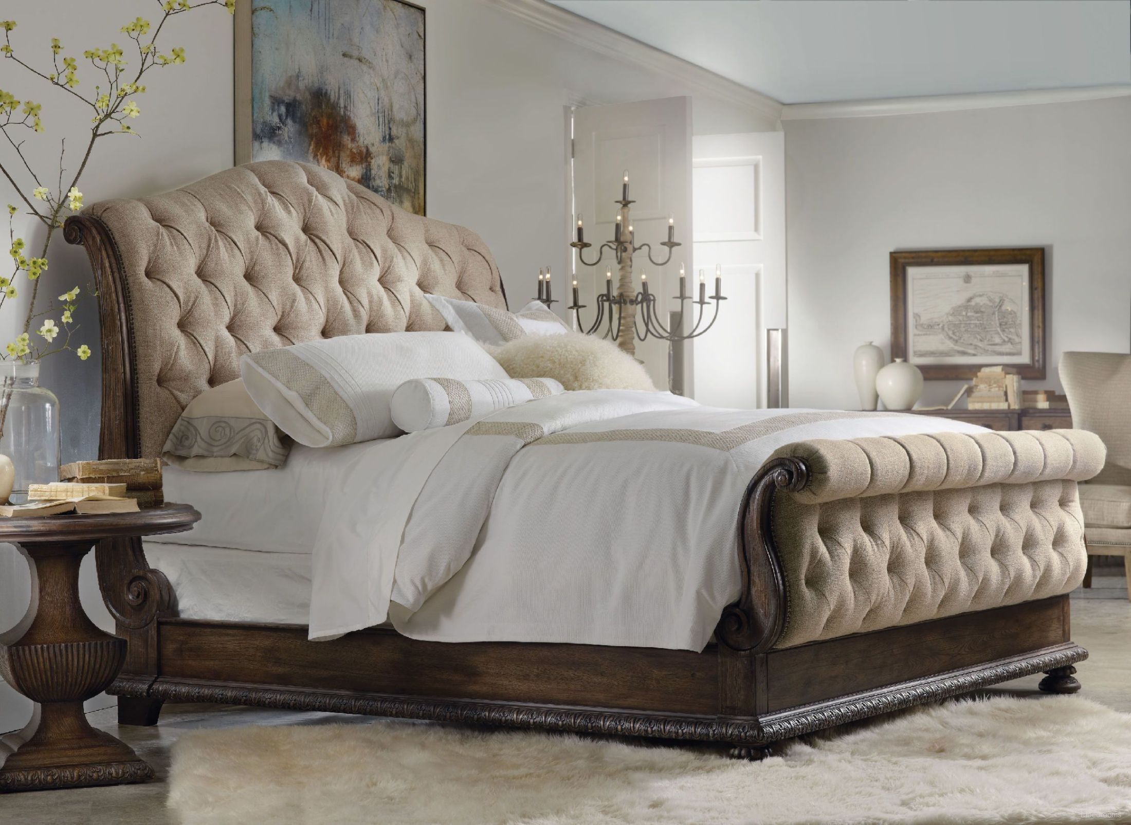 The appearance of Rhapsody Beige Tufted Sleigh Bedroom Set designed by Hooker in the traditional interior design. This beige piece of furniture  was selected by 1StopBedrooms from Rhapsody Collection to add a touch of cosiness and style into your home. Sku: 5070-90551;5070-90552;5070-90553;5070-90015. Bed Type: Sleigh Bed. Material: Wood. Bed Size: Queen.