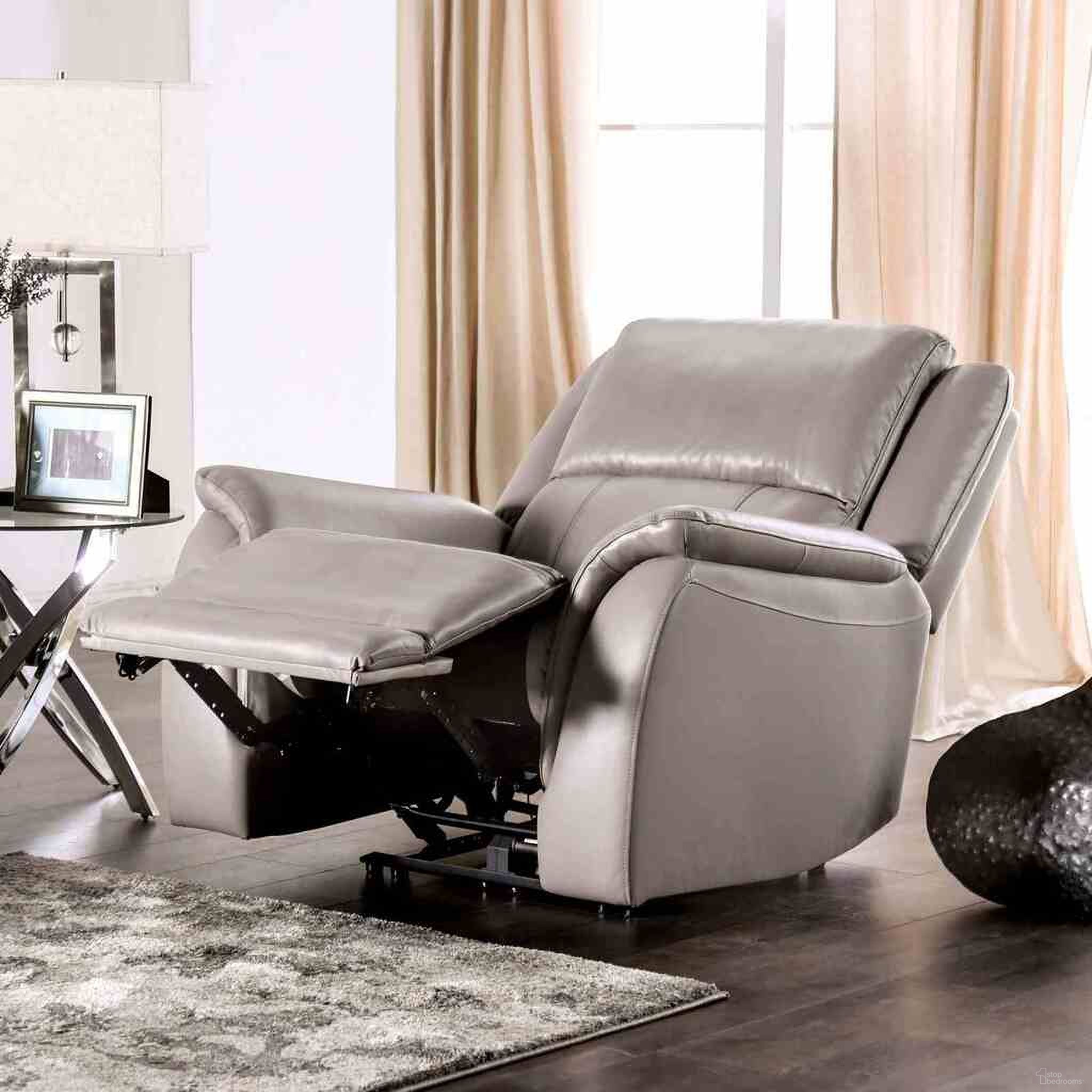 The appearance of Gorgius Power Recliner In Light Gray designed by Furniture of America in the transitional interior design. This light gray piece of furniture was selected by 1StopBedrooms from Gorgius Collection to add a touch of cosiness and style into your home. Sku: CM9910ST-CH-PM. Material: Top Grain Leather.