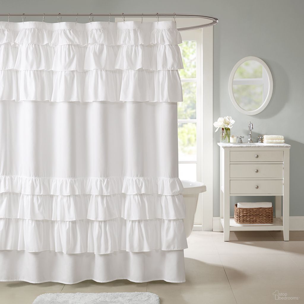 The appearance of Grace Ruffled Shower Curtain In White designed by Olliix in the country / farmhouse interior design. This white piece of furniture was selected by 1StopBedrooms from Grace Collection to add a touch of cosiness and style into your home. Sku: MP70-3651. Material: Microfiber.