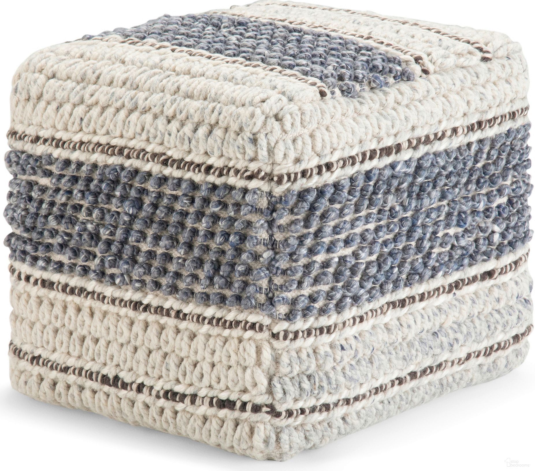 The appearance of Grady Handloom Woven Square Pouf In Natural and Blue designed by Simpli Home in the modern / contemporary interior design. This natural and blue piece of furniture was selected by 1StopBedrooms from Grady Collection to add a touch of cosiness and style into your home. Sku: AXCPF-60. Material: Wool.