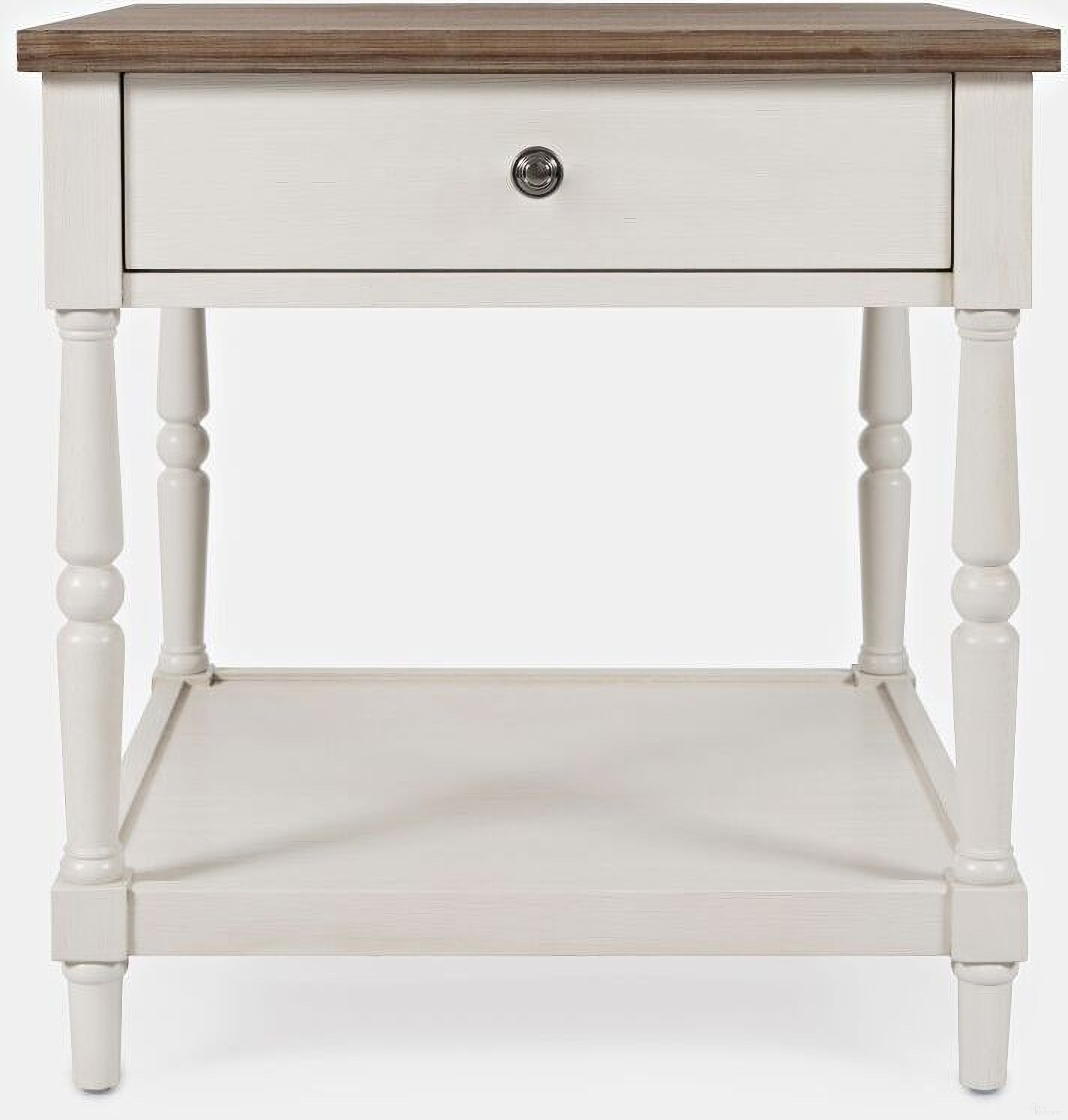 The appearance of Grafton Farms End Table with Drawer In Brushed White designed by Jofran in the country / farmhouse interior design. This brushed white piece of furniture  was selected by 1StopBedrooms from Grafton Farms Collection to add a touch of cosiness and style into your home. Sku: 1978-3. Material: Acacia.