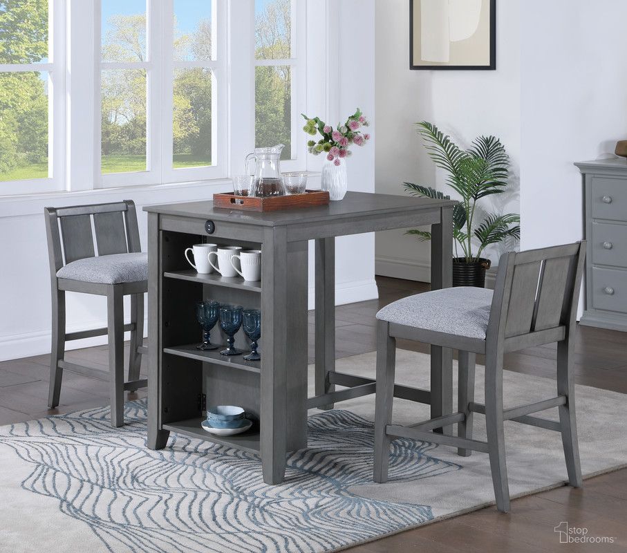 The appearance of Graham 36 Inch 3 Piece Small Space Counter Height Dining Table with Shelves and 2 Chairs In Gray designed by Lilola Home in the modern / contemporary interior design. This gray piece of furniture was selected by 1StopBedrooms from Graham Collection to add a touch of cosiness and style into your home. Sku: 30541-T;30541-C. Table Base Style: Storage. Material: Wood. Table Top Shape: Rectangular.