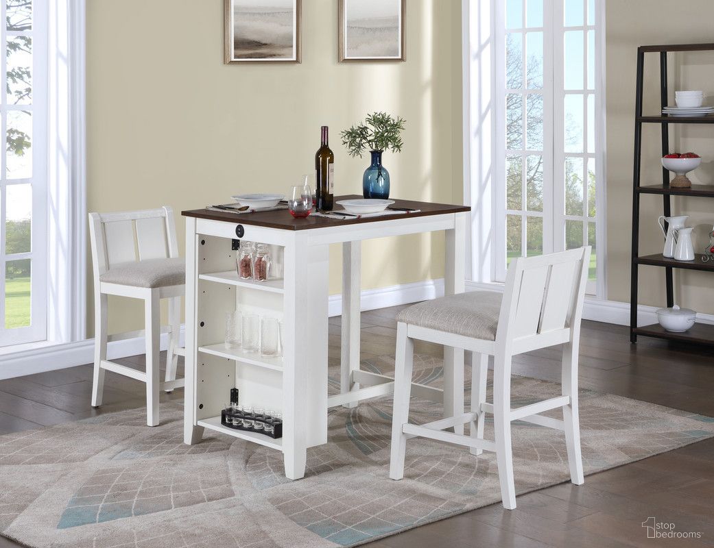 The appearance of Graham 36 Inch 3 Piece Small Space Counter Height Dining Table with Shelves and 2 Chairs In White designed by Lilola Home in the modern / contemporary interior design. This white piece of furniture was selected by 1StopBedrooms from Graham Collection to add a touch of cosiness and style into your home. Sku: 30539-T;30539-C. Table Base Style: Storage. Material: Wood. Table Top Shape: Rectangular.