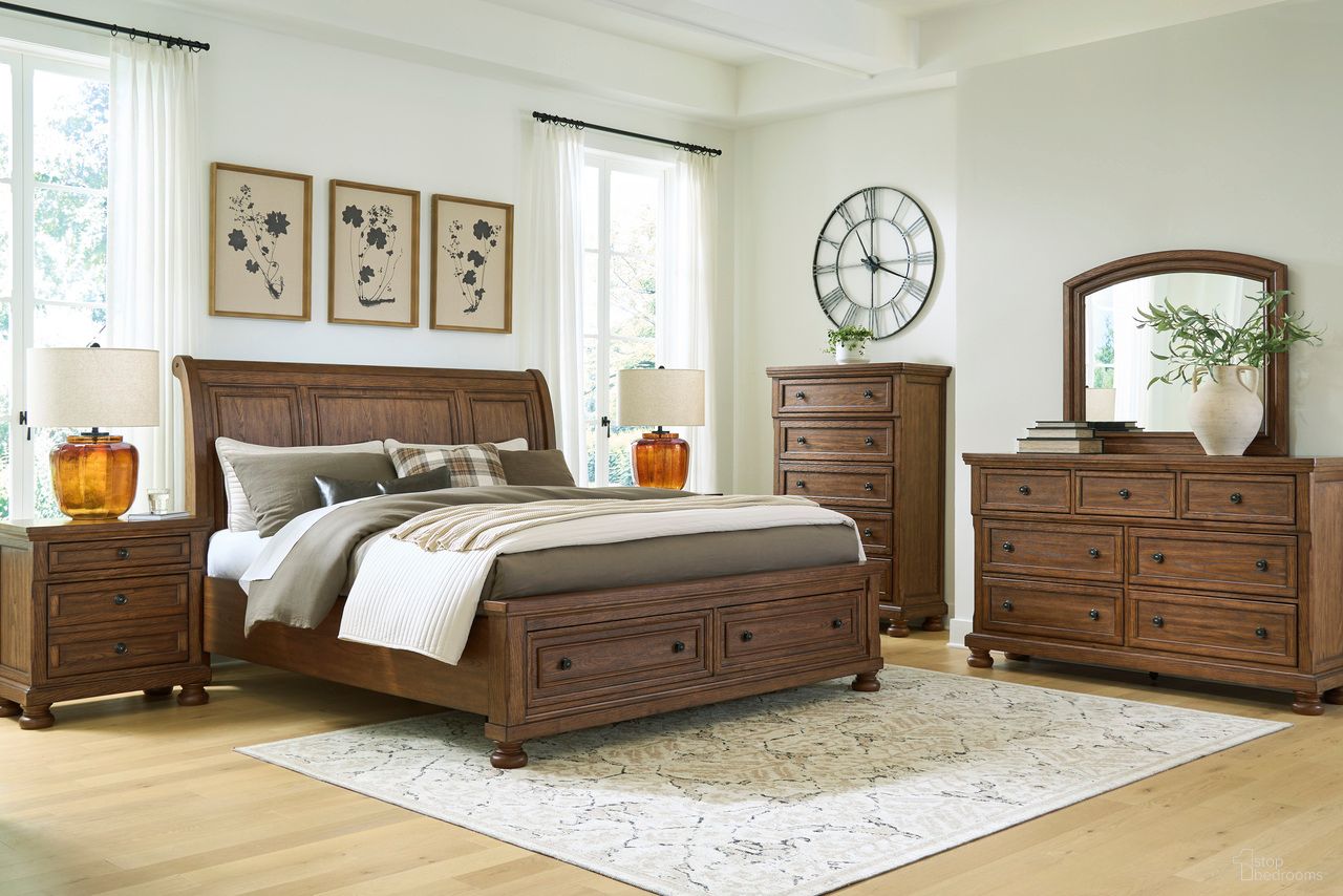 Grailmyn Sleigh Storage Bedroom Set In Warm Brown