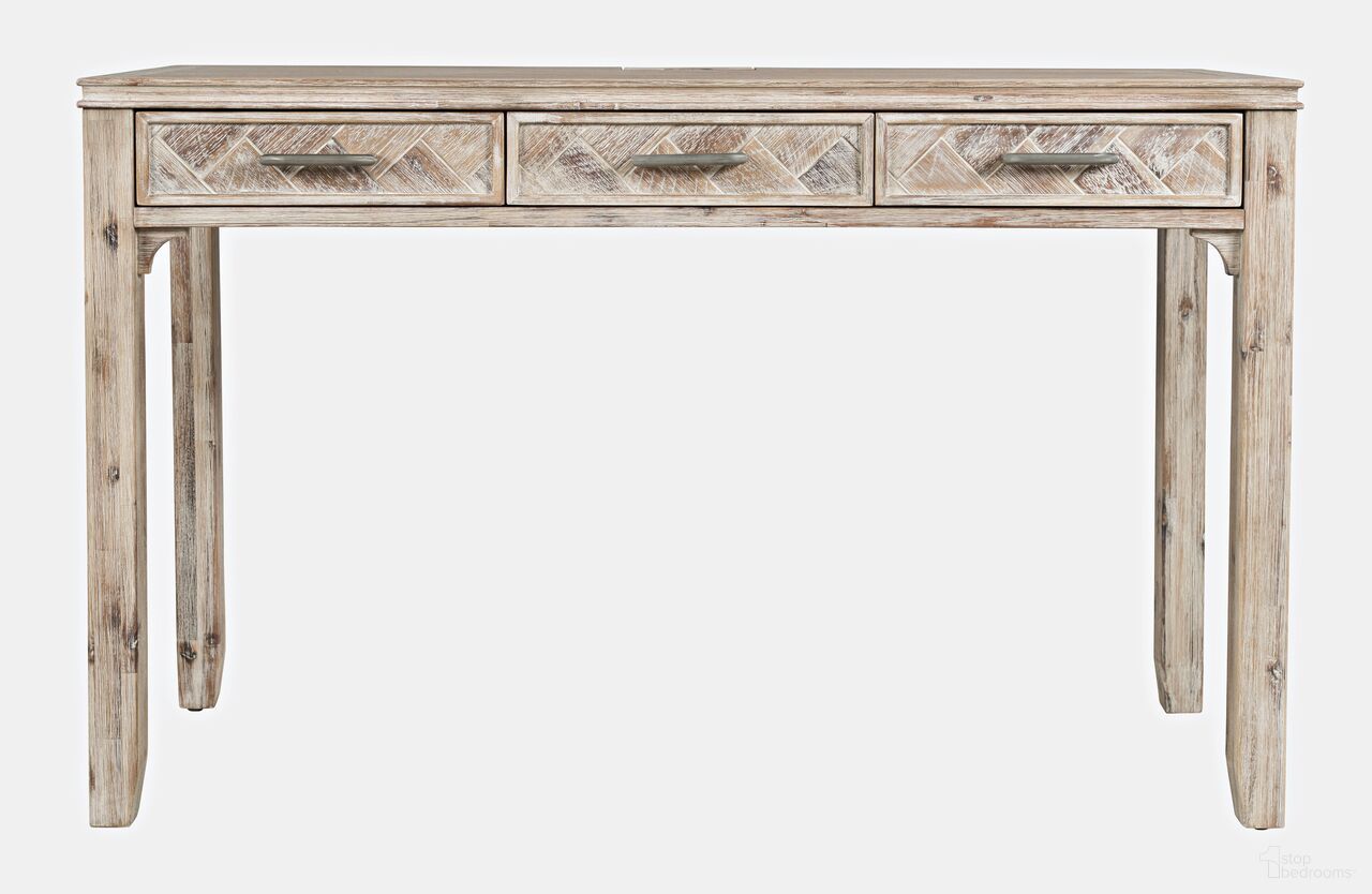 The appearance of Gramercy Chevron 3 Drawer USB Charging Desk In Grey Wash designed by Jofran in the modern / contemporary interior design. This grey wash piece of furniture  was selected by 1StopBedrooms from Gramercy Collection to add a touch of cosiness and style into your home. Sku: 2156-48. Material: Acacia.