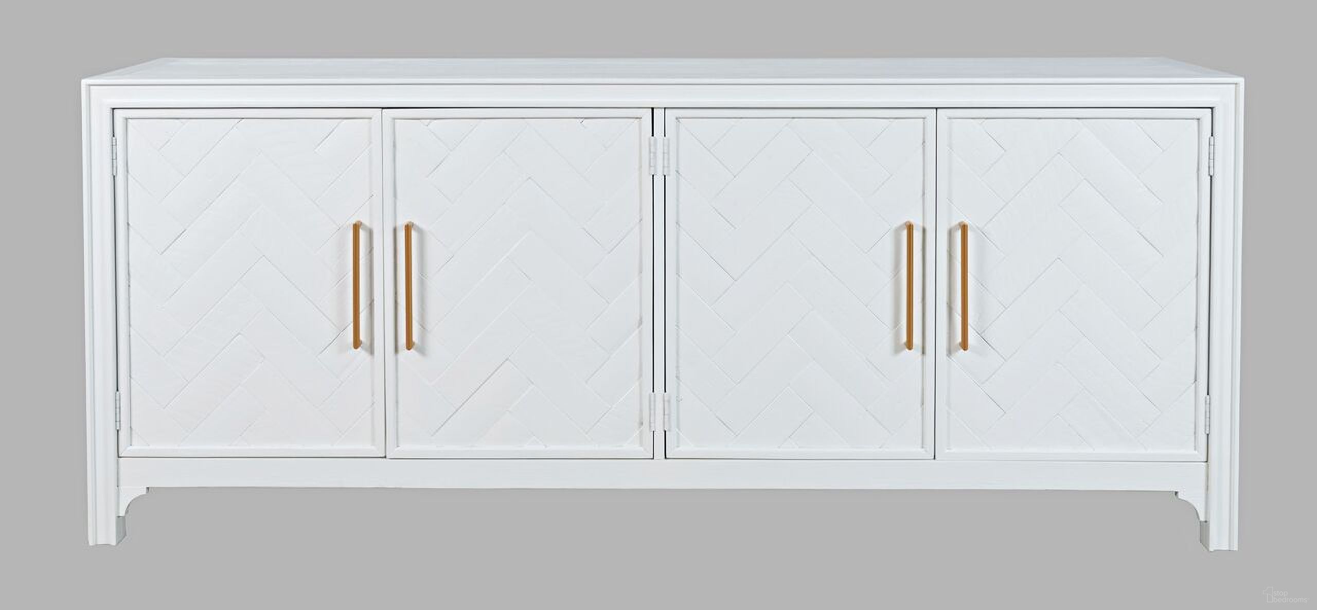 The appearance of Gramercy Chevron 79 Inch 4 Door Accent Cabinet In Blanc designed by Jofran in the transitional interior design. This blanc piece of furniture  was selected by 1StopBedrooms from Gramercy Collection to add a touch of cosiness and style into your home. Sku: 2056-79. Material: Acacia.