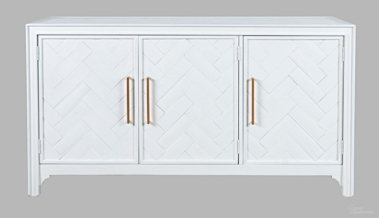 The appearance of Gramercy Chevron 60 Inch 3 Door Accent Cabinet In Blanc designed by Jofran in the transitional interior design. This blanc piece of furniture was selected by 1StopBedrooms from Gramercy Collection to add a touch of cosiness and style into your home. Sku: 2056-60. Material: Acacia.