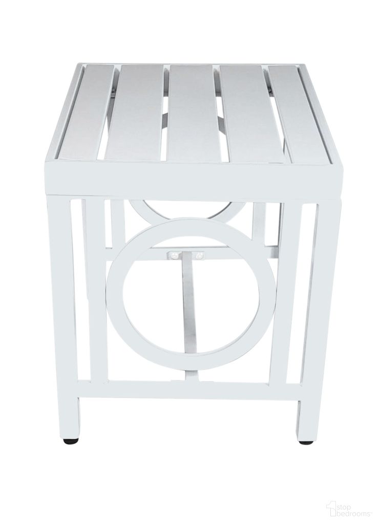 The appearance of Grammercy Outdoor Side Table In White designed by Carolina Living in the modern / contemporary interior design. This white piece of furniture  was selected by 1StopBedrooms from Grammercy Collection to add a touch of cosiness and style into your home. Sku: MBN1618-WHT. Material: Steel. Table Top Shape: Rectangular.
