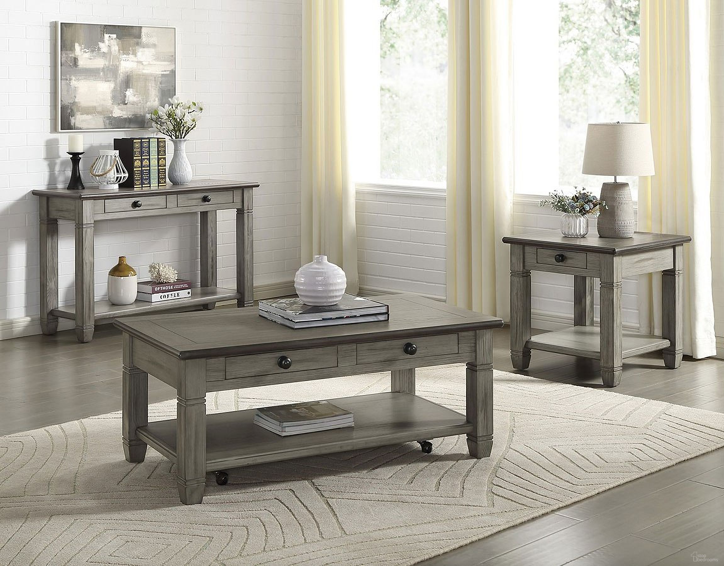 The appearance of Granby Coffee And Antique Gray Occasional Table Set designed by Homelegance in the transitional interior design. This brown and gray piece of furniture was selected by 1StopBedrooms from Granby Collection to add a touch of cosiness and style into your home. Sku: 5627GY-30;5627GY-04. Material: Rubberwood.