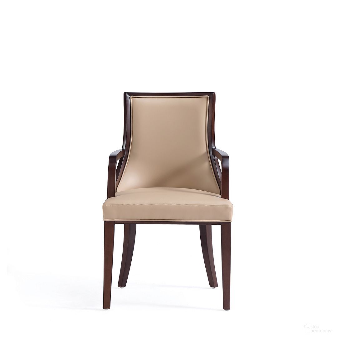 The appearance of Grand Faux Leather Dining Armchair In Tan with Beech Wood Frame designed by Manhattan Comfort in the traditional interior design. This tan piece of furniture  was selected by 1StopBedrooms from Grand Collection to add a touch of cosiness and style into your home. Sku: DC048AR-TN. Material: Wood. Chair Type: Arm Chair.