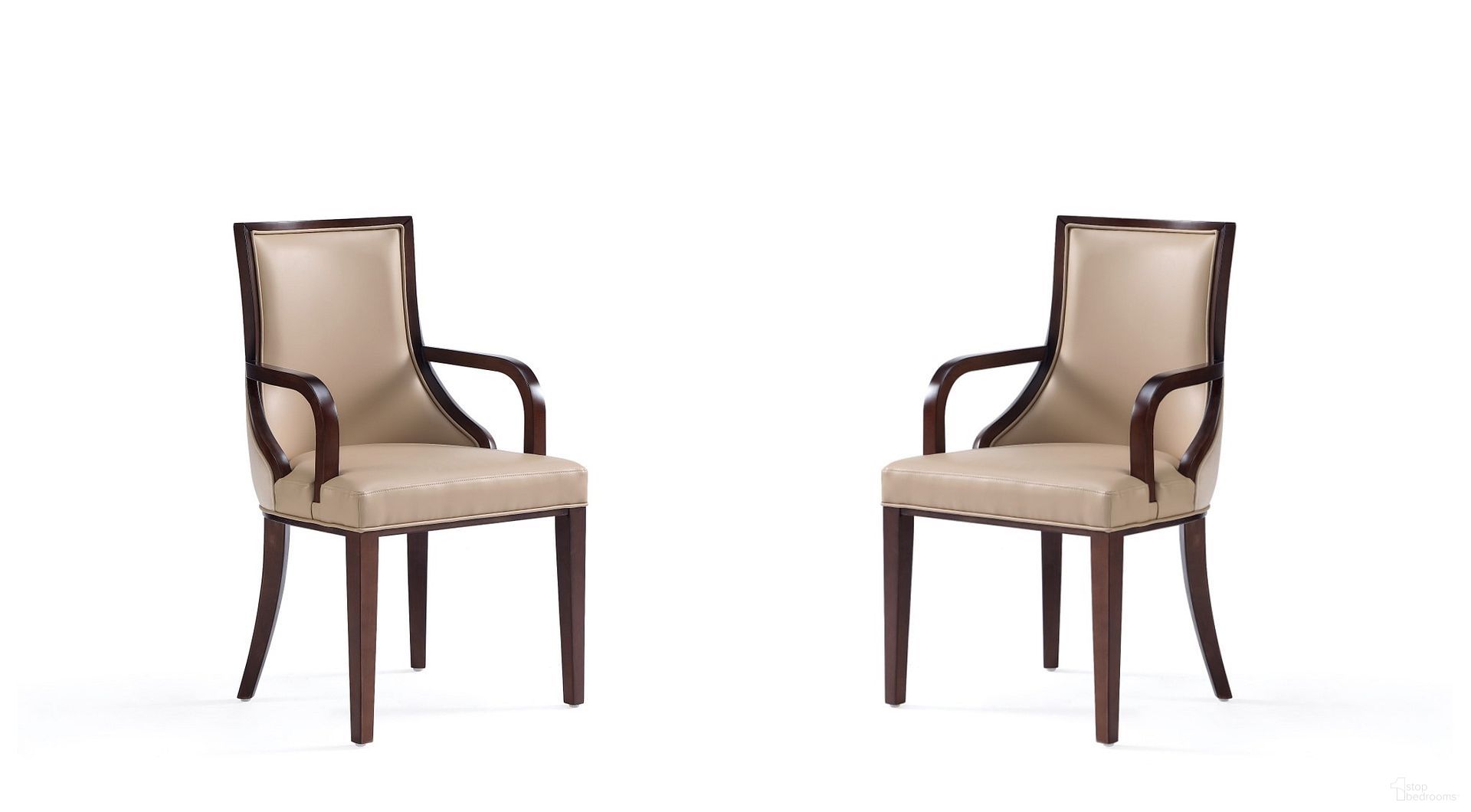 The appearance of Grand Faux Leather Dining Armchair Set of 2 In Tan with Beech Wood Frame designed by Manhattan Comfort in the traditional interior design. This tan piece of furniture was selected by 1StopBedrooms from Grand Collection to add a touch of cosiness and style into your home. Sku: DC048AR-TN;DC048AR-TN. Material: Wood. Chair Type: Arm Chair.