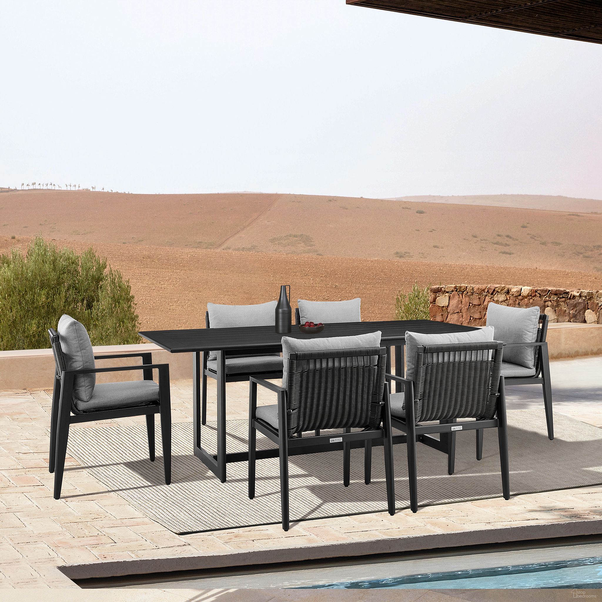 The appearance of Grand Outdoor Patio 7-Piece Dining Table Set In Aluminum with Gray Cushions designed by Armen Living in the modern / contemporary interior design. This gray piece of furniture was selected by 1StopBedrooms from Grand Collection to add a touch of cosiness and style into your home. Sku: 795154121779;795154121755;795154121755;840254332683. Material: Aluminum.