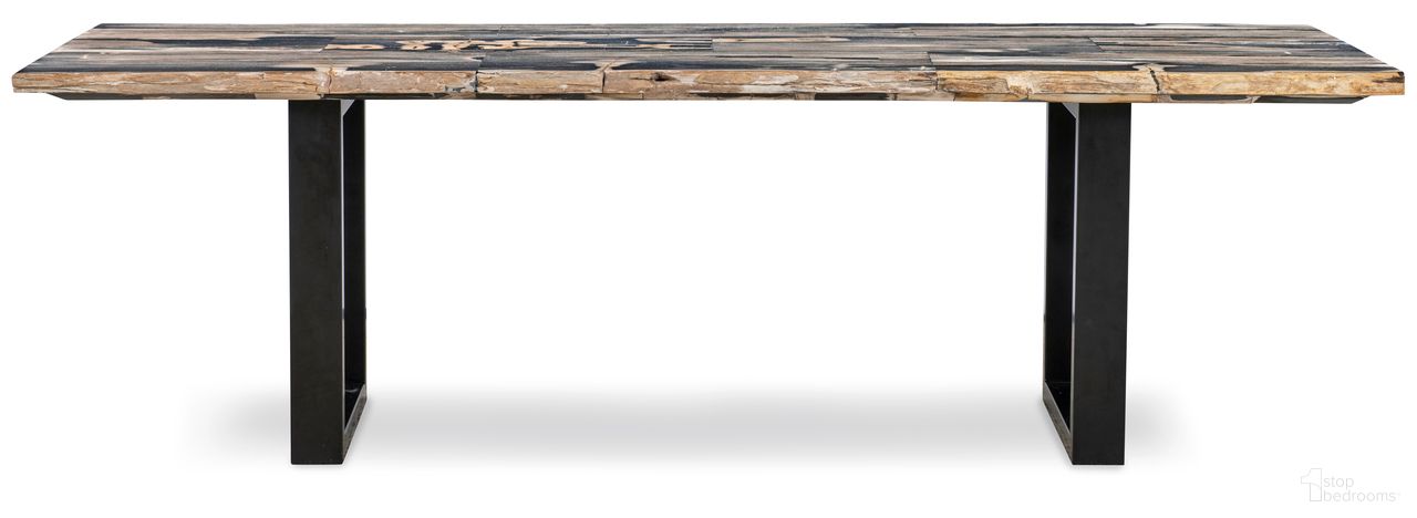 The appearance of Grand Tour Furniture Andreas Petrified Wood Dining Table In Brown designed by Century Furniture in the modern / contemporary interior design. This brown piece of furniture was selected by 1StopBedrooms from Grand Tour Furniture Collection to add a touch of cosiness and style into your home. Sku: SF6325-V2. Table Base Style: Double Pedestal. Table Top Shape: Rectangular. Size: 40" x 99". Material: Petrified Wood.