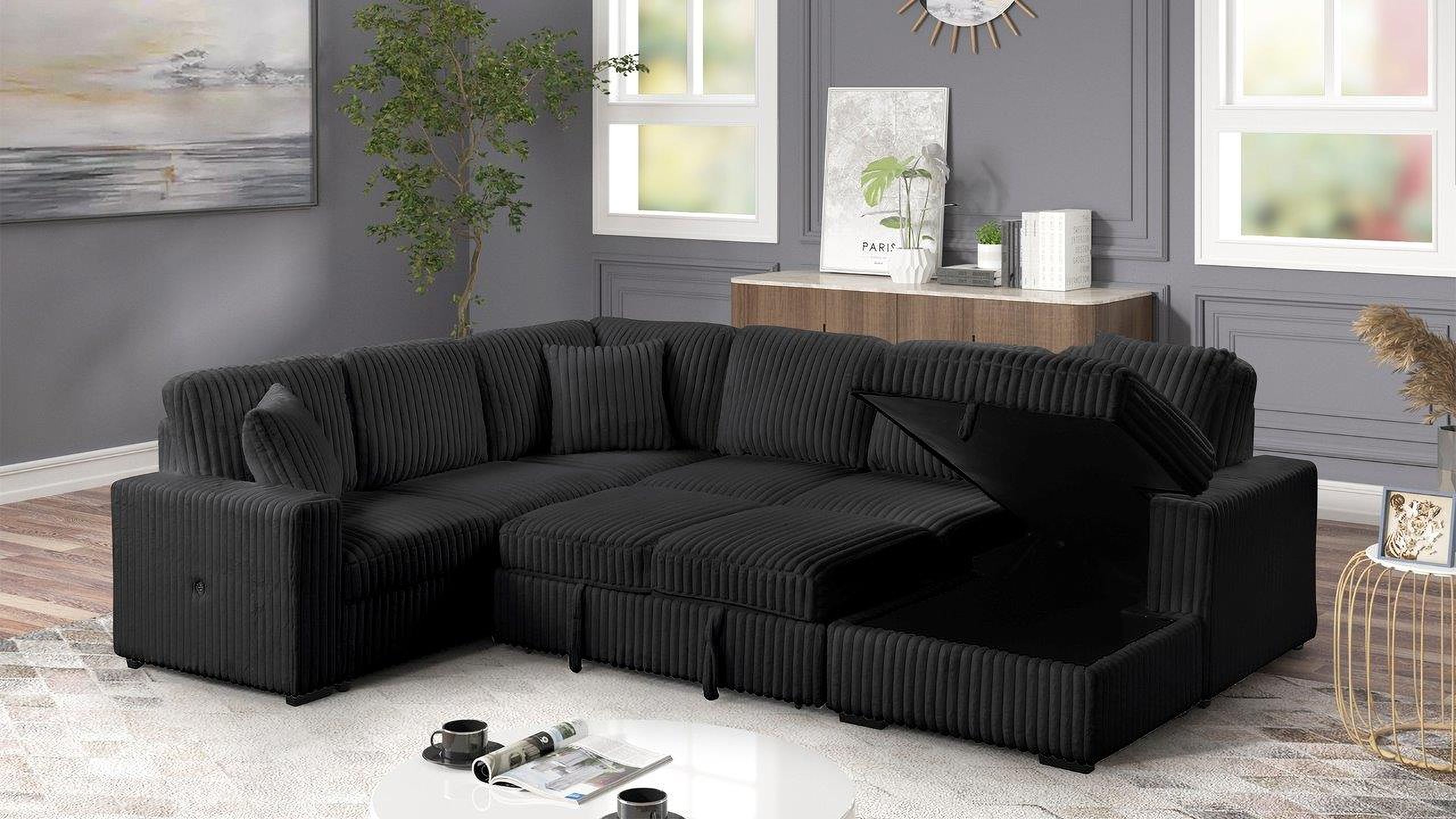 The appearance of Grande Sectional Sofa with USB-C and Storage Function Made with wood In Black designed by Galaxy Home Furnishings in the modern / contemporary interior design. This black piece of furniture  was selected by 1StopBedrooms from Grande Collection to add a touch of cosiness and style into your home. Sku: 601955556026-1;601955556026-2;601955556026-3. Material: Wood.