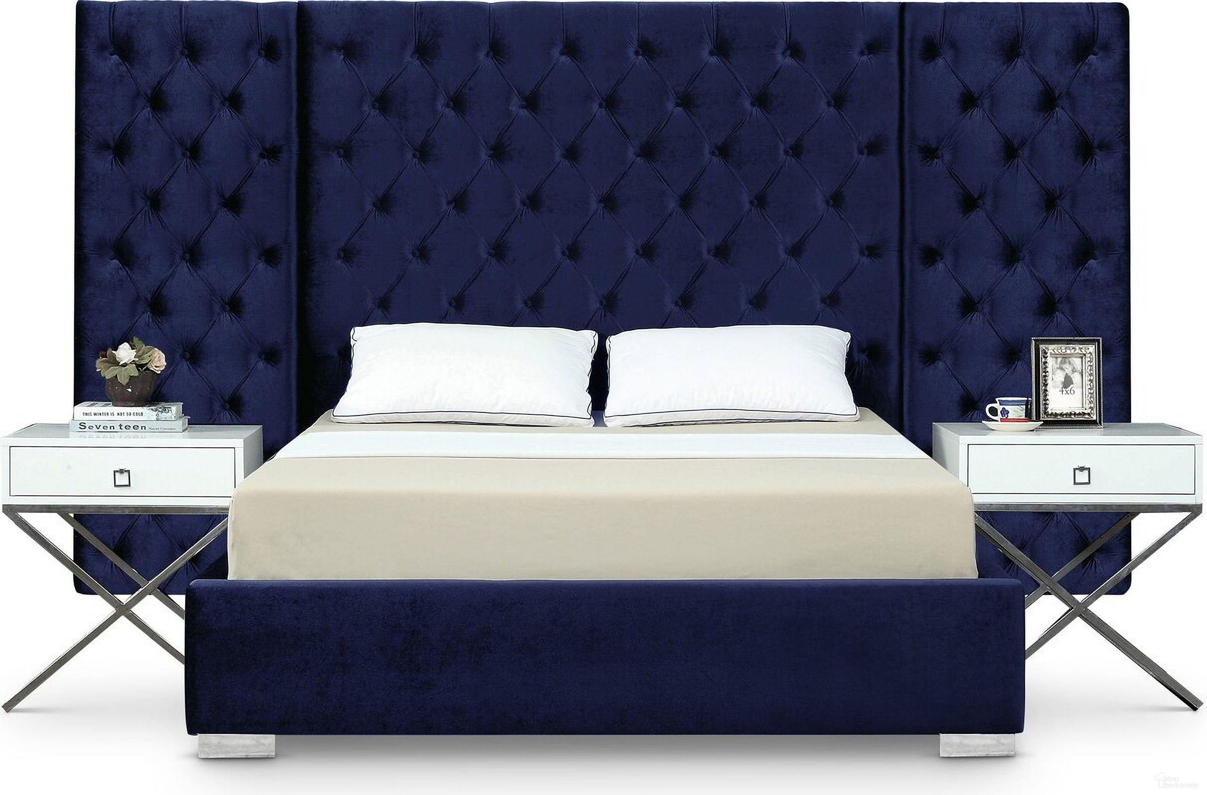 The appearance of Grande Velvet King Bed In Navy designed by Meridian in the modern / contemporary interior design. This navy piece of furniture  was selected by 1StopBedrooms from Grande Collection to add a touch of cosiness and style into your home. Sku: GrandeNavy-K Box 1/3 (HB/Slats);GrandeNavy-K Box 2/3 (Side Panels);GrandeNavy-K Box 3/3 (FB/Rails/Legs/Crossbar). Bed Type: Panel Bed. Bed Size: King. Material: Velvet.