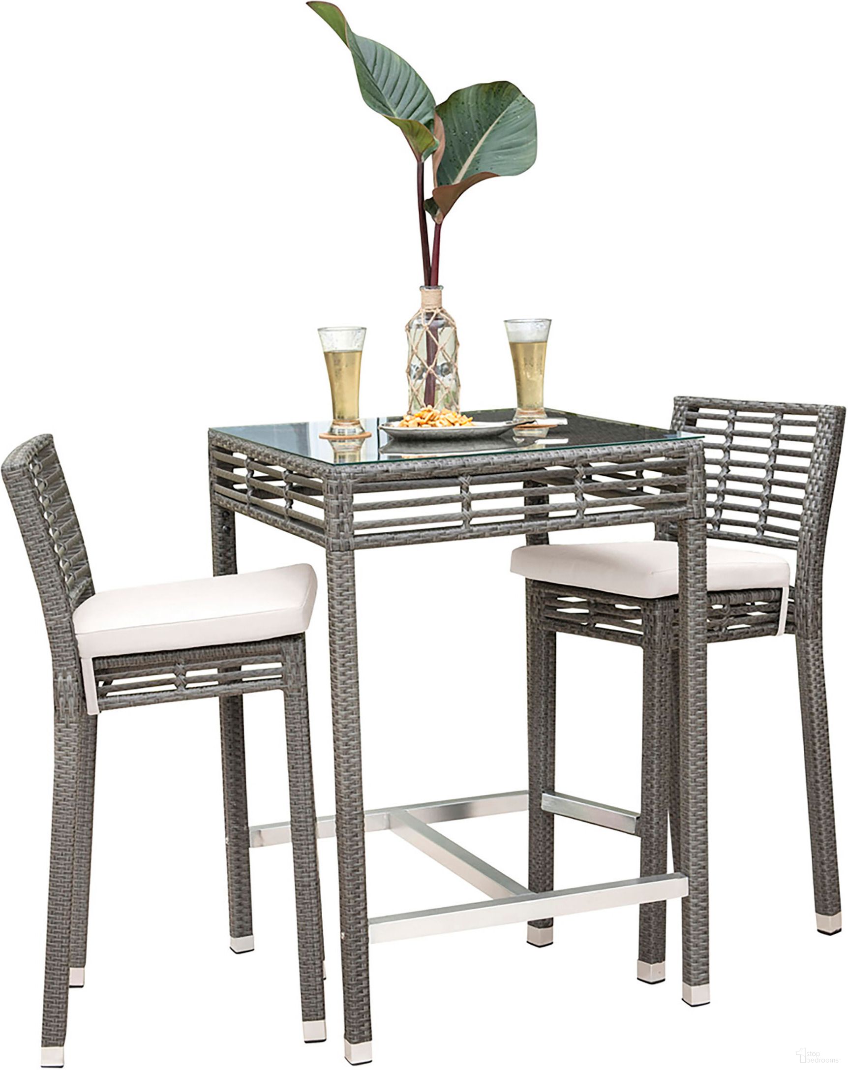 The appearance of Graphite 3-Piece Pub Set with Cushions In Gray designed by Pelican Reef in the traditional interior design. This gray piece of furniture was selected by 1StopBedrooms from Graphite Collection to add a touch of cosiness and style into your home. Sku: PJO-1601-GRY-3PB-CUSH. Material: Aluminum.