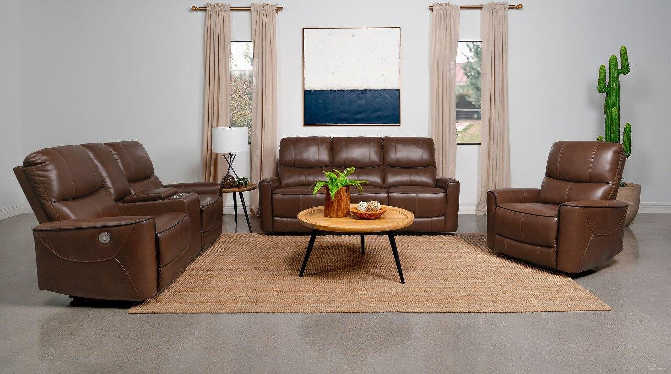The appearance of Greenfield Living Room Set In Saddle Brown designed by Coaster in the modern / contemporary interior design. This saddle brown piece of furniture was selected by 1StopBedrooms from Greenfield Collection to add a touch of cosiness and style into your home. Sku: 610264P;610265P. Material: Upholstered.