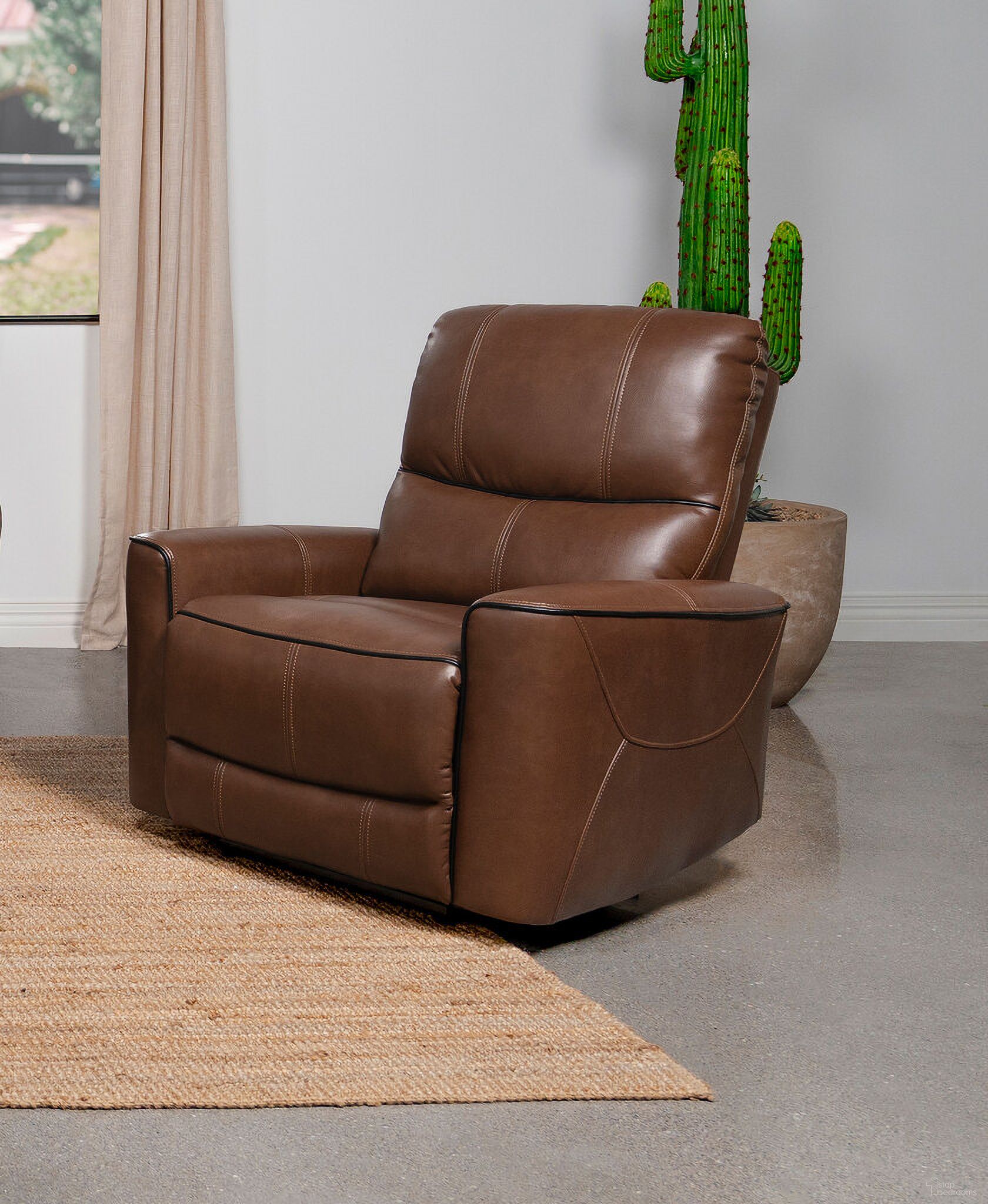 The appearance of Greenfield Upholstered Power Recliner Chair Saddle Brown designed by Coaster in the modern / contemporary interior design. This saddle brown piece of furniture was selected by 1StopBedrooms from Greenfield Collection to add a touch of cosiness and style into your home. Sku: 610266P. Material: Upholstered.