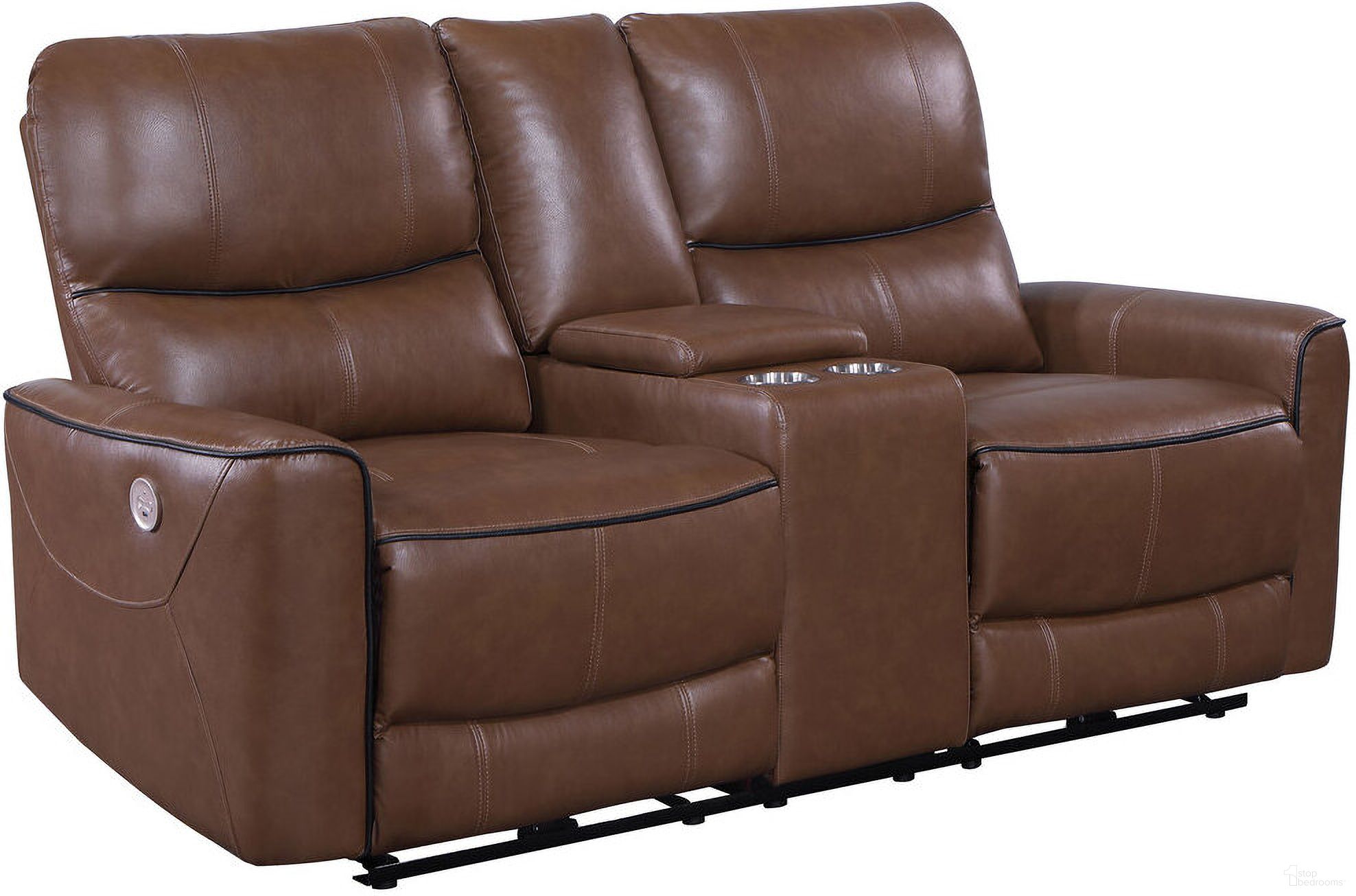 The appearance of Greenfield Upholstered Power Reclining Loveseat with Console Saddle Brown designed by Coaster in the modern / contemporary interior design. This saddle brown piece of furniture was selected by 1StopBedrooms from Greenfield Collection to add a touch of cosiness and style into your home. Sku: 610265P. Material: Upholstered.