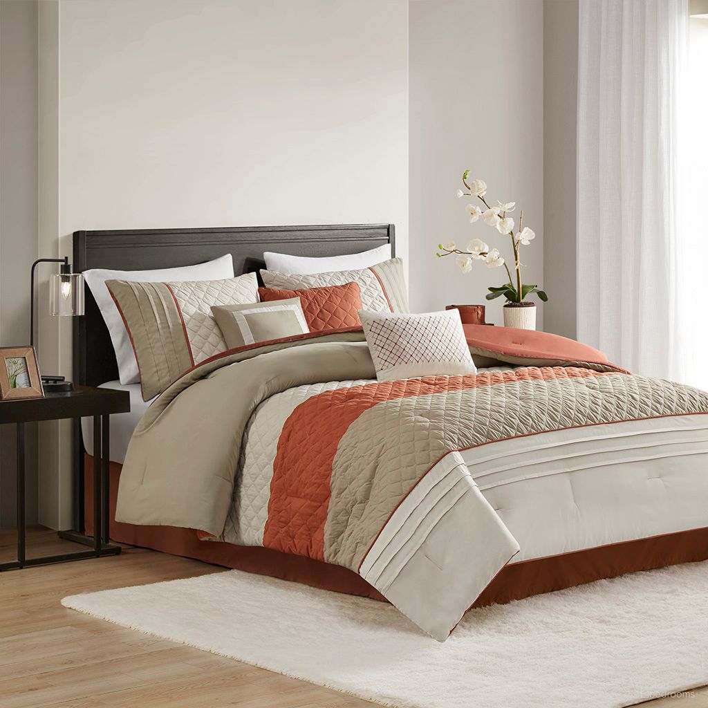 Greer 7 Piece Color Block Stripe California King Comforter Set with Throw Pillows In Spice