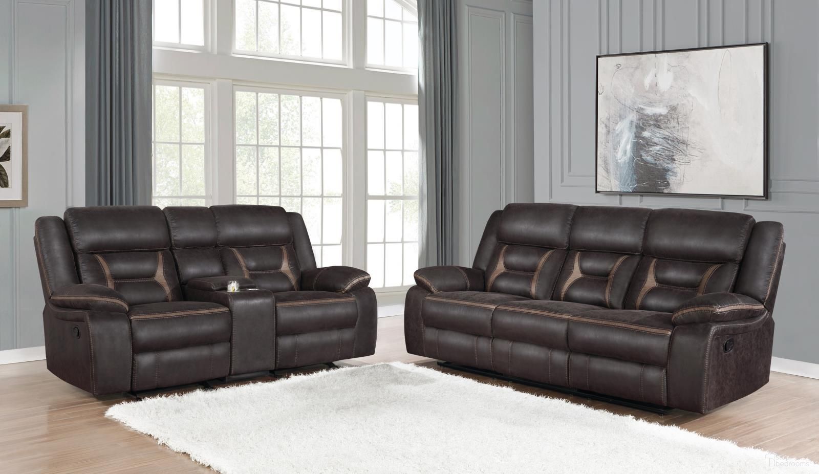 The appearance of Greer Dark Brown Reclining Living Room Set designed by Coaster in the transitional interior design. This brown piece of furniture was selected by 1StopBedrooms from Greer Collection to add a touch of cosiness and style into your home. Sku: 651354;651355. Material: Upholstered.