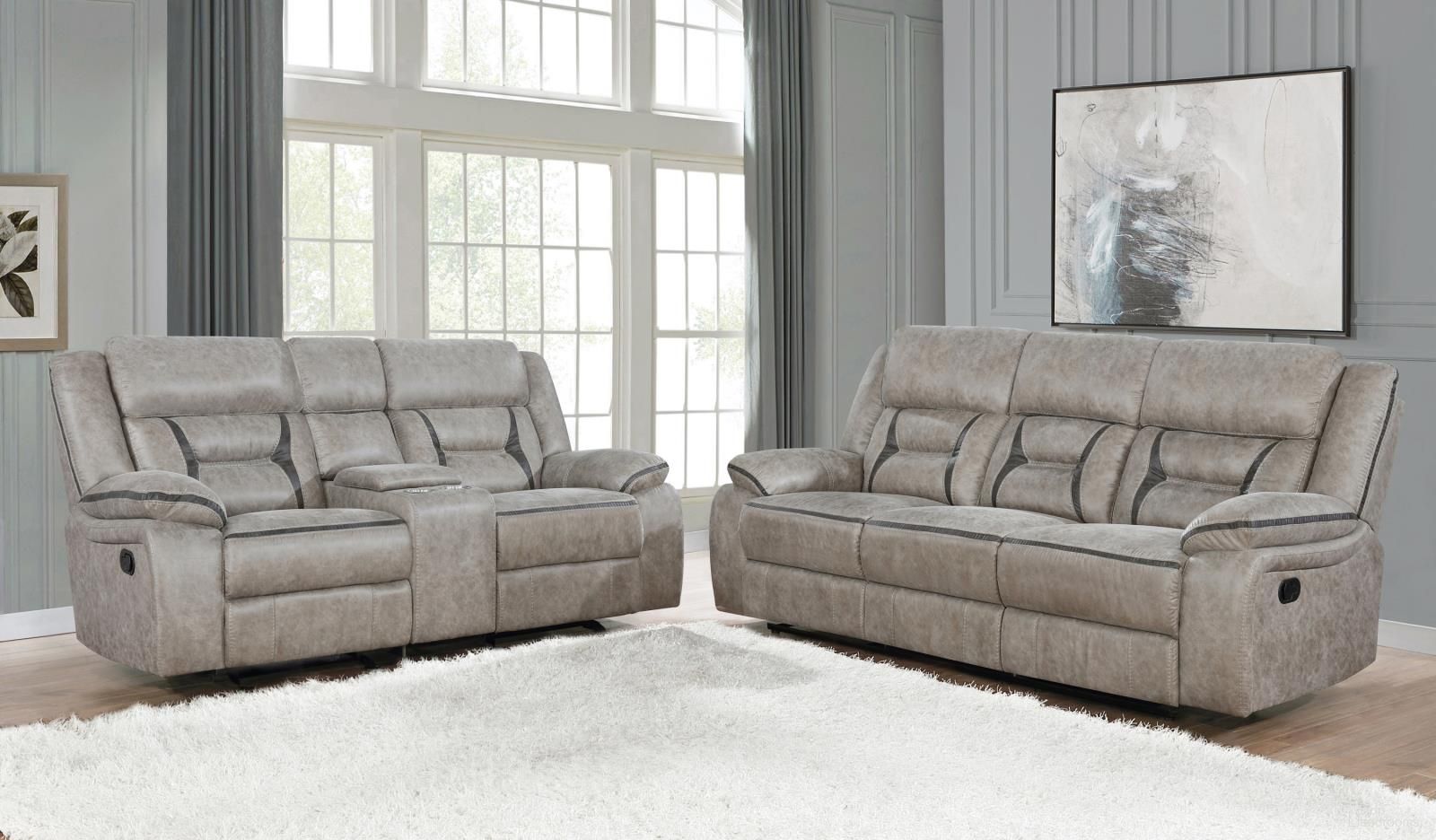 The appearance of Greer Reclining Living Room Set In Taupe designed by Coaster in the transitional interior design. This taupe piece of furniture was selected by 1StopBedrooms from Greer Collection to add a touch of cosiness and style into your home. Sku: 651351;651352. Material: Upholstered.