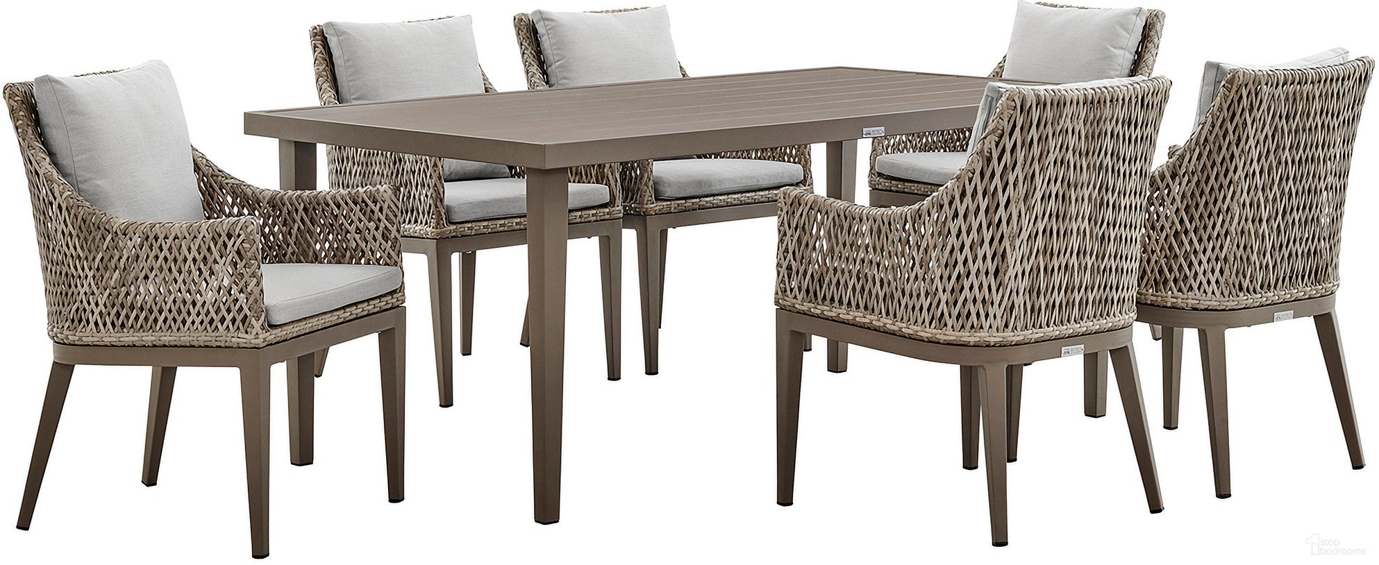 The appearance of Grenada 7 Piece Outdoor Dining Set In Gray designed by Armen Living in the modern / contemporary interior design. This gray piece of furniture was selected by 1StopBedrooms from Grenada Collection to add a touch of cosiness and style into your home. Sku: LCGDDIGR;LCGDCHGR;LCGDCHGR;LCGDCHGR. Material: Aluminum.
