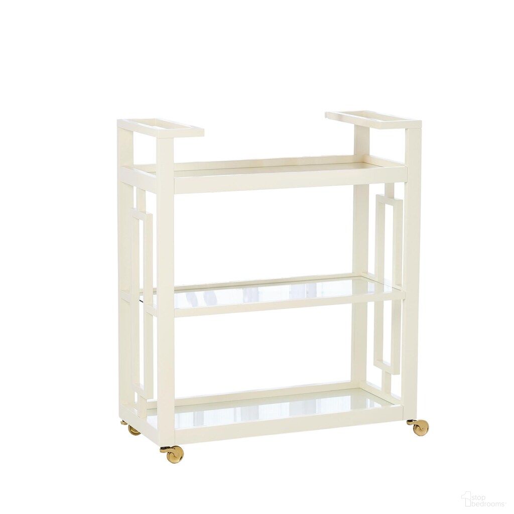 Grid Block Bar Cart with Shiny Brass Wheels In White and Blue