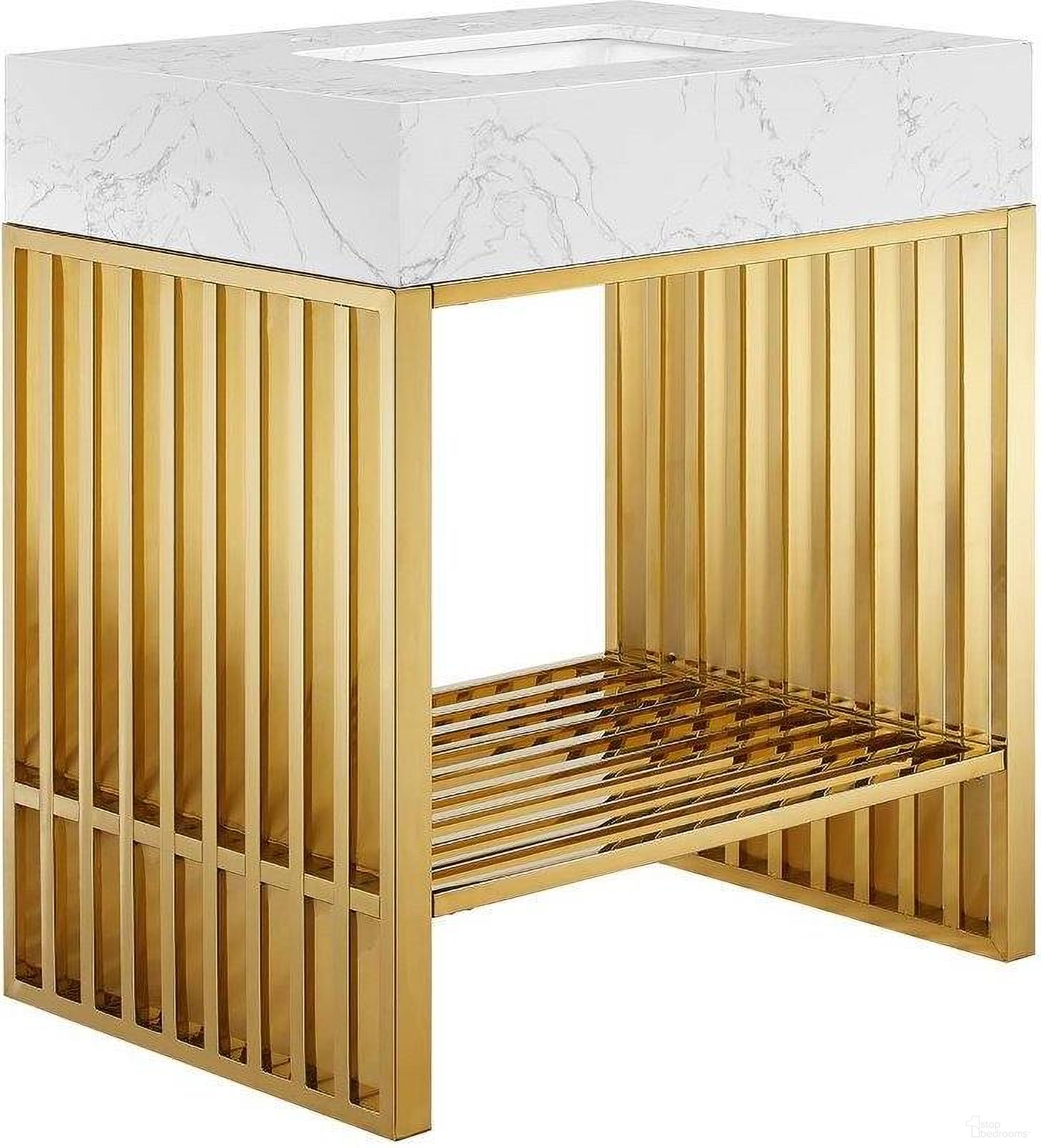 The appearance of Gridiron 30 Inch Bathroom Vanity In White Gold designed by Modway in the modern / contemporary interior design. This white gold piece of furniture  was selected by 1StopBedrooms from Gridiron Collection to add a touch of cosiness and style into your home. Sku: EEI-6087-WHI;EEI-6089-GLD. Material: Steel.