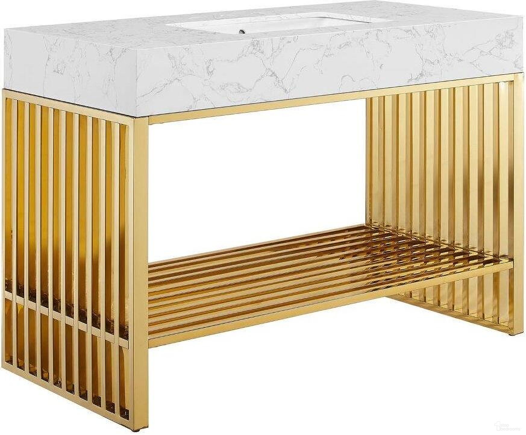 The appearance of Gridiron Bathroom Vanity In White Gold designed by Modway in the modern / contemporary interior design. This white gold piece of furniture  was selected by 1StopBedrooms from Gridiron Collection to add a touch of cosiness and style into your home. Sku: EEI-6095-WHI;EEI-6097-GLD. Material: Steel.