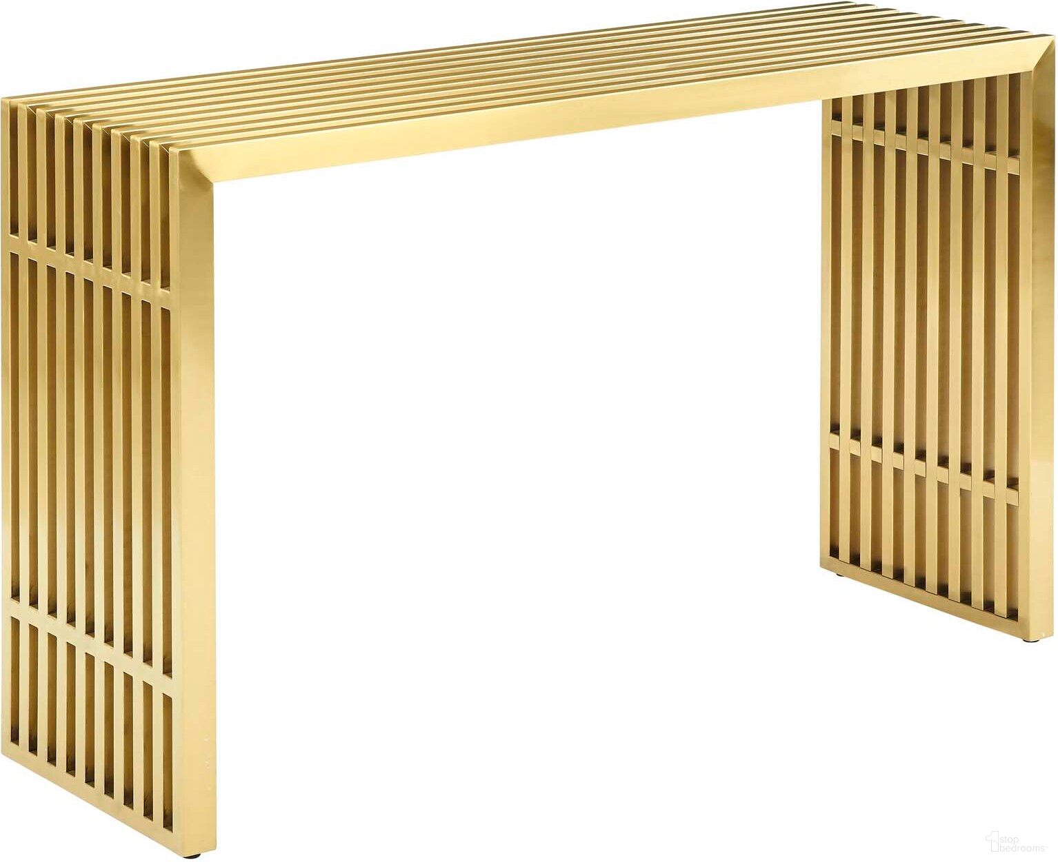The appearance of Gridiron Gold Stainless Steel Console Table designed by Modway in the modern / contemporary interior design. This gold piece of furniture was selected by 1StopBedrooms from Gridiron Collection to add a touch of cosiness and style into your home. Sku: EEI-3036-GLD. Material: Steel.