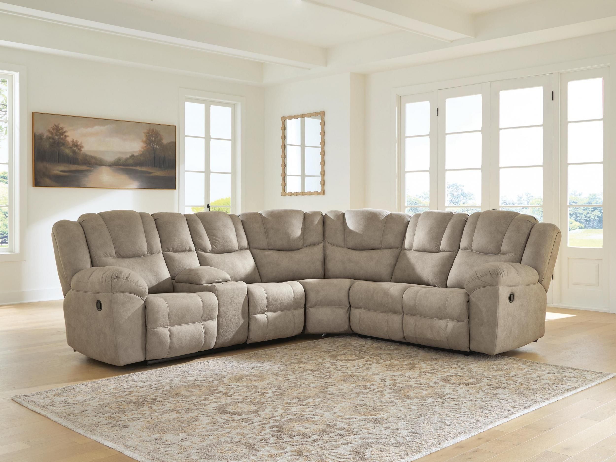 The appearance of Gridlines 3-Piece LAF Reclining Sectional with Console In Birch designed by Signature Design by Ashley in the modern / contemporary interior design. This birch piece of furniture was selected by 1StopBedrooms from Gridlines Collection to add a touch of cosiness and style into your home. Sku: NC6920566;NC6920577;NC6920585. Material: Fabric. Layout: LAF.