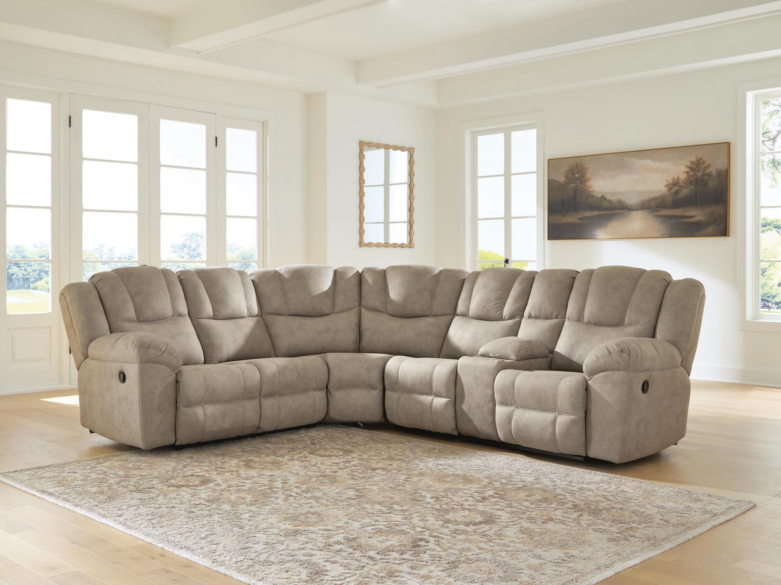 The appearance of Gridlines 3-Piece RAF Reclining Sectional with Console In Birch designed by Signature Design by Ashley in the modern / contemporary interior design. This birch piece of furniture was selected by 1StopBedrooms from Gridlines Collection to add a touch of cosiness and style into your home. Sku: NC6920584;NC6920577;NC6920567. Material: Fabric. Layout: RAF.