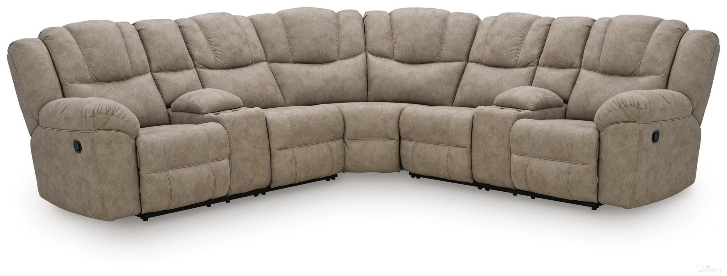 The appearance of Gridlines 3-Piece Reclining Sectional with Double Console In Birch designed by Signature Design by Ashley in the modern / contemporary interior design. This birch piece of furniture was selected by 1StopBedrooms from Gridlines Collection to add a touch of cosiness and style into your home. Sku: NC6920566;NC6920577;NC6920567. Material: Fabric. Layout: Curved.