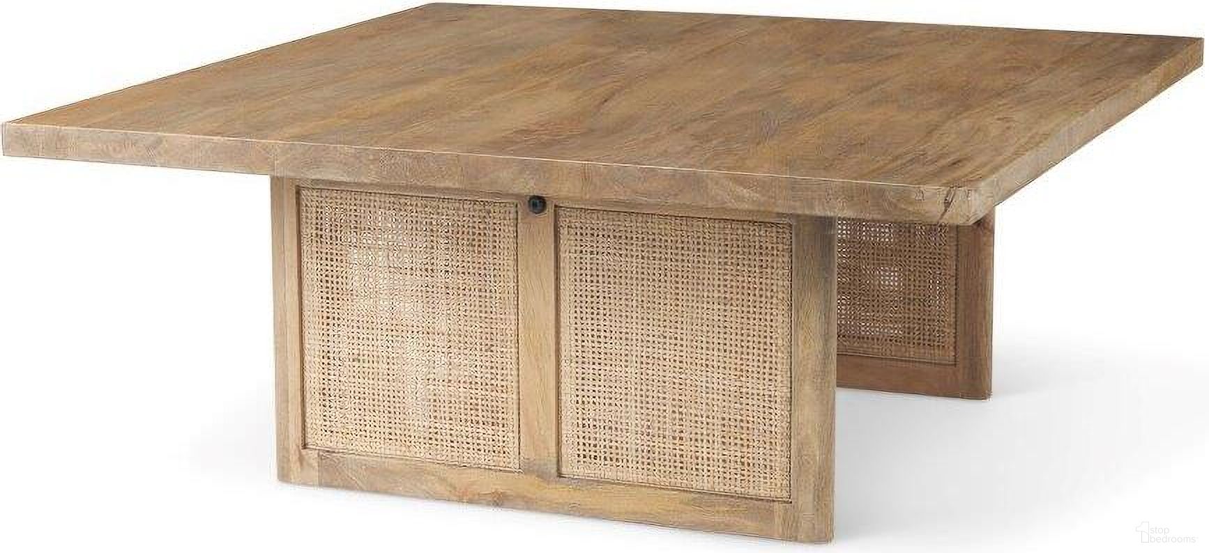 The appearance of Grier 42 Inch Square Light Brown Wood With Cane Coffee Table designed by Mercana in the modern / contemporary interior design. This light brown piece of furniture  was selected by 1StopBedrooms from Grier Collection to add a touch of cosiness and style into your home. Sku: 69902. Material: Wood.