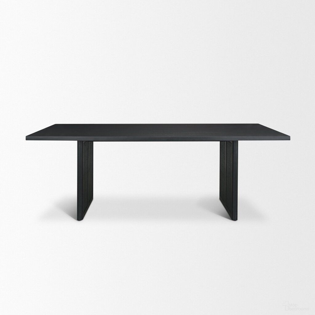 The appearance of Grier 84 Inch Wood Dining Table with Cane In Black designed by Mercana in the modern / contemporary interior design. This black piece of furniture was selected by 1StopBedrooms from Grier Collection to add a touch of cosiness and style into your home. Sku: 71144. Table Base Style: Double Pedestal. Table Top Shape: Rectangular. Size: 84" x 38". Material: Mango Wood.