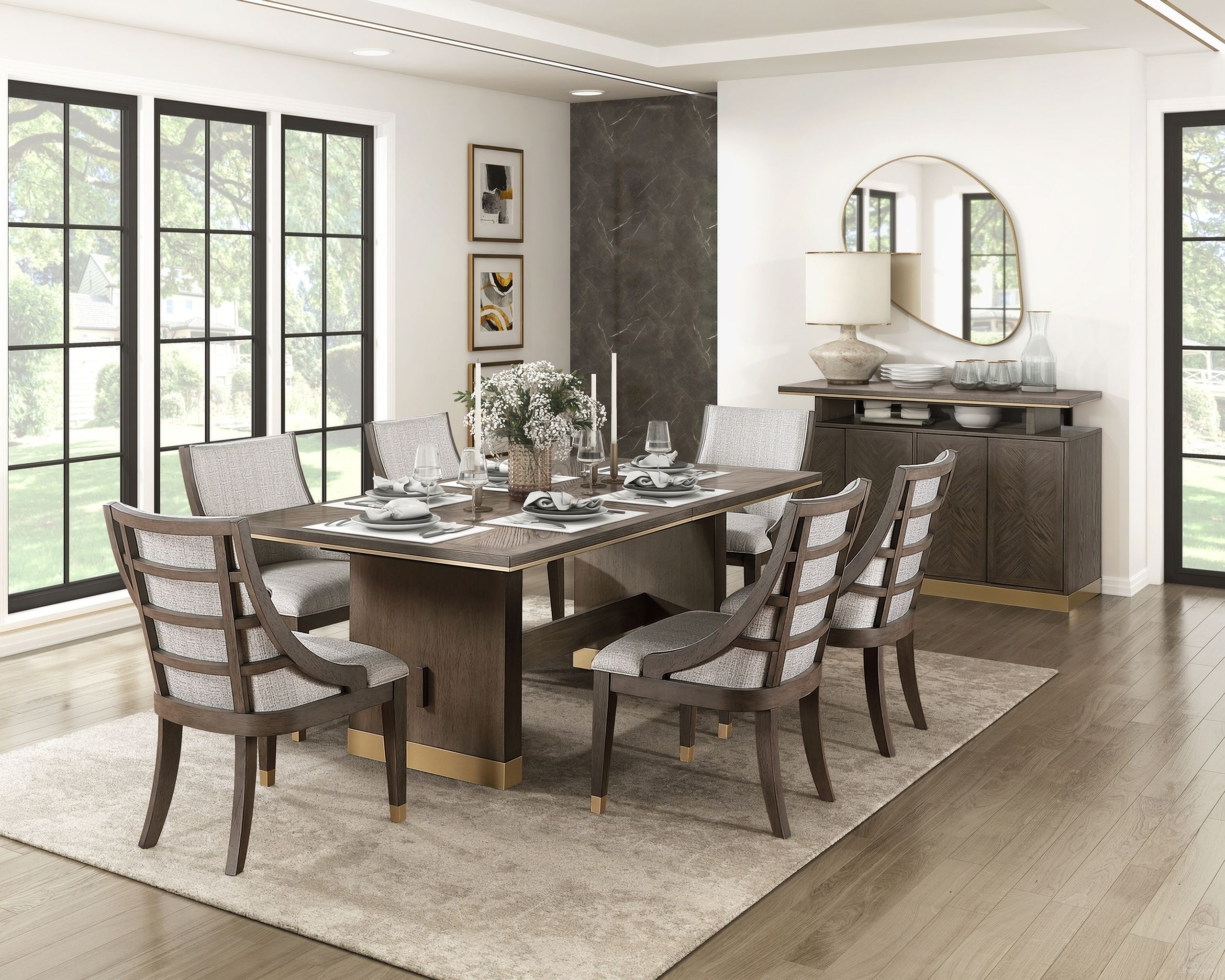 The appearance of Griffin Rectangular Dining Set In Brown and Gold designed by Homelegance in the modern / contemporary interior design. This brown/gold piece of furniture was selected by 1StopBedrooms from Griffin Collection to add a touch of cosiness and style into your home. Sku: 5933-96;5933-96B;5933A. Table Top Shape: Rectangular. Material: Engineered Wood. Size: 42" x 76".