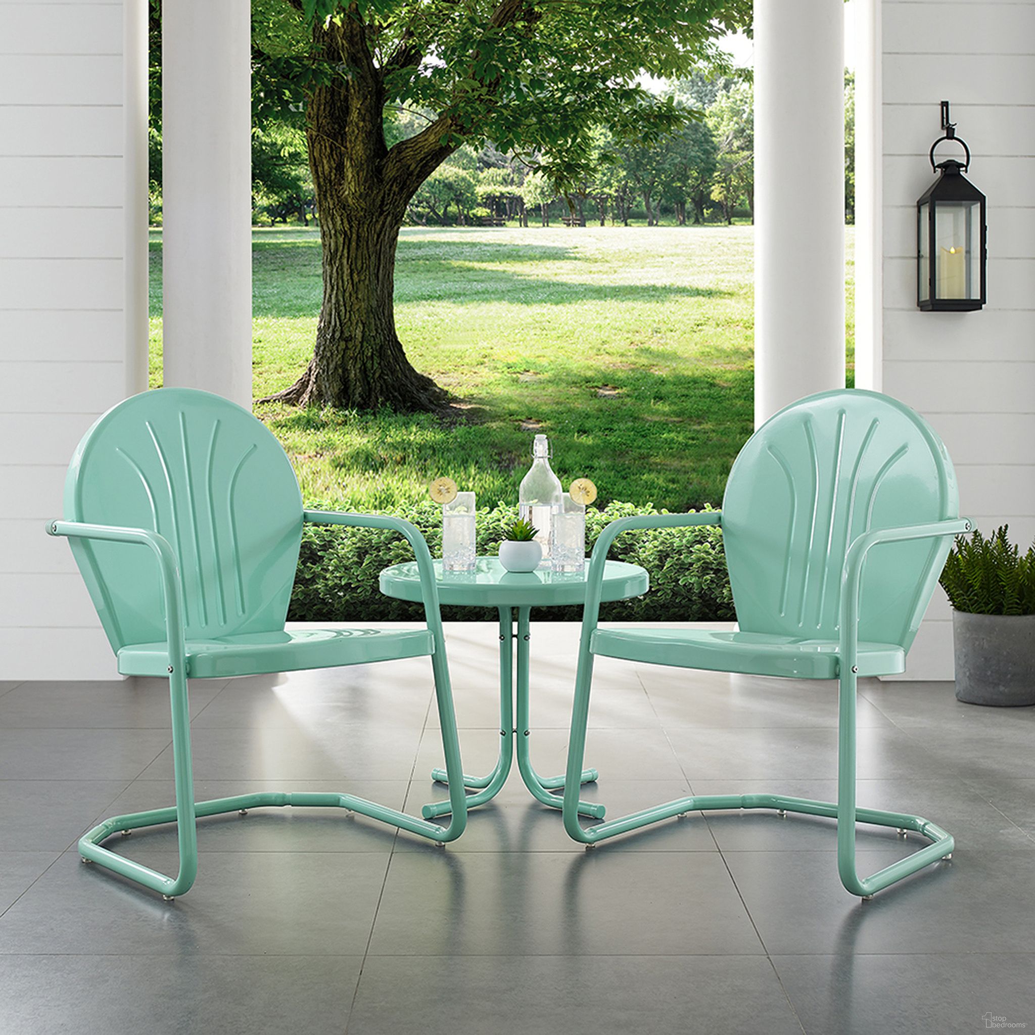 The appearance of Griffith 3 Piece Retro Outdoor Chair Set In Aqua Gloss designed by Crosley Brands in the transitional interior design. This aqua piece of furniture  was selected by 1StopBedrooms from Griffith Collection to add a touch of cosiness and style into your home. Sku: CO1001A-AQ;CO1001A-AQ;CO1011A-AQ. Material: Steel.