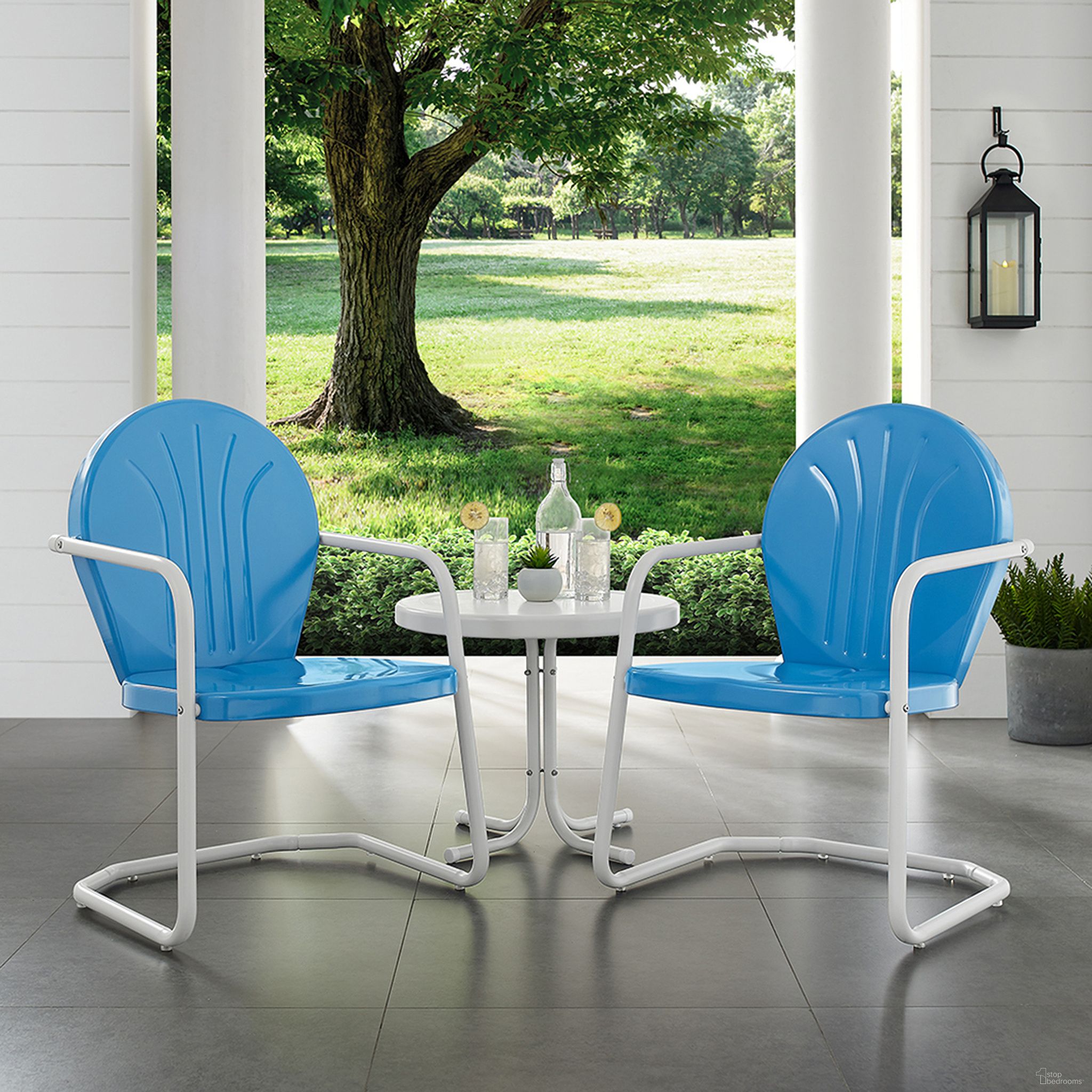 The appearance of Griffith 3 Piece Retro Outdoor Chair Set In Sky Blue Gloss and White Satin designed by Crosley Brands in the transitional interior design. This sky blue piece of furniture  was selected by 1StopBedrooms from Griffith Collection to add a touch of cosiness and style into your home. Sku: CO1001A-BL;CO1001A-BL;CO1011A-WH. Material: Steel.