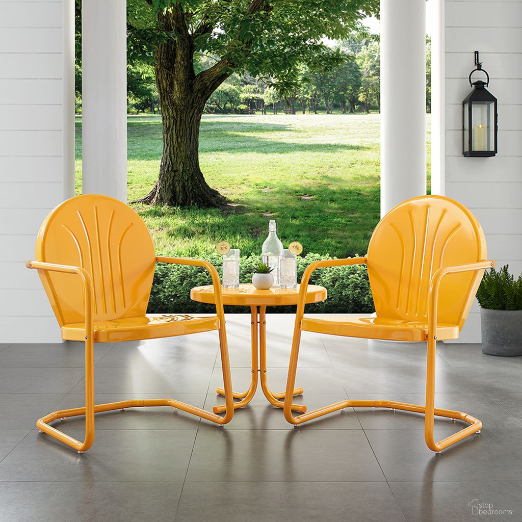 The appearance of Griffith 3 Piece Retro Outdoor Chair Set In Tangerine Gloss and Tangerine designed by Crosley Brands in the transitional interior design. This tangerine piece of furniture was selected by 1StopBedrooms from Griffith Collection to add a touch of cosiness and style into your home. Sku: CO1001A-TG;CO1001A-TG;CO1011A-TG. Material: Steel.