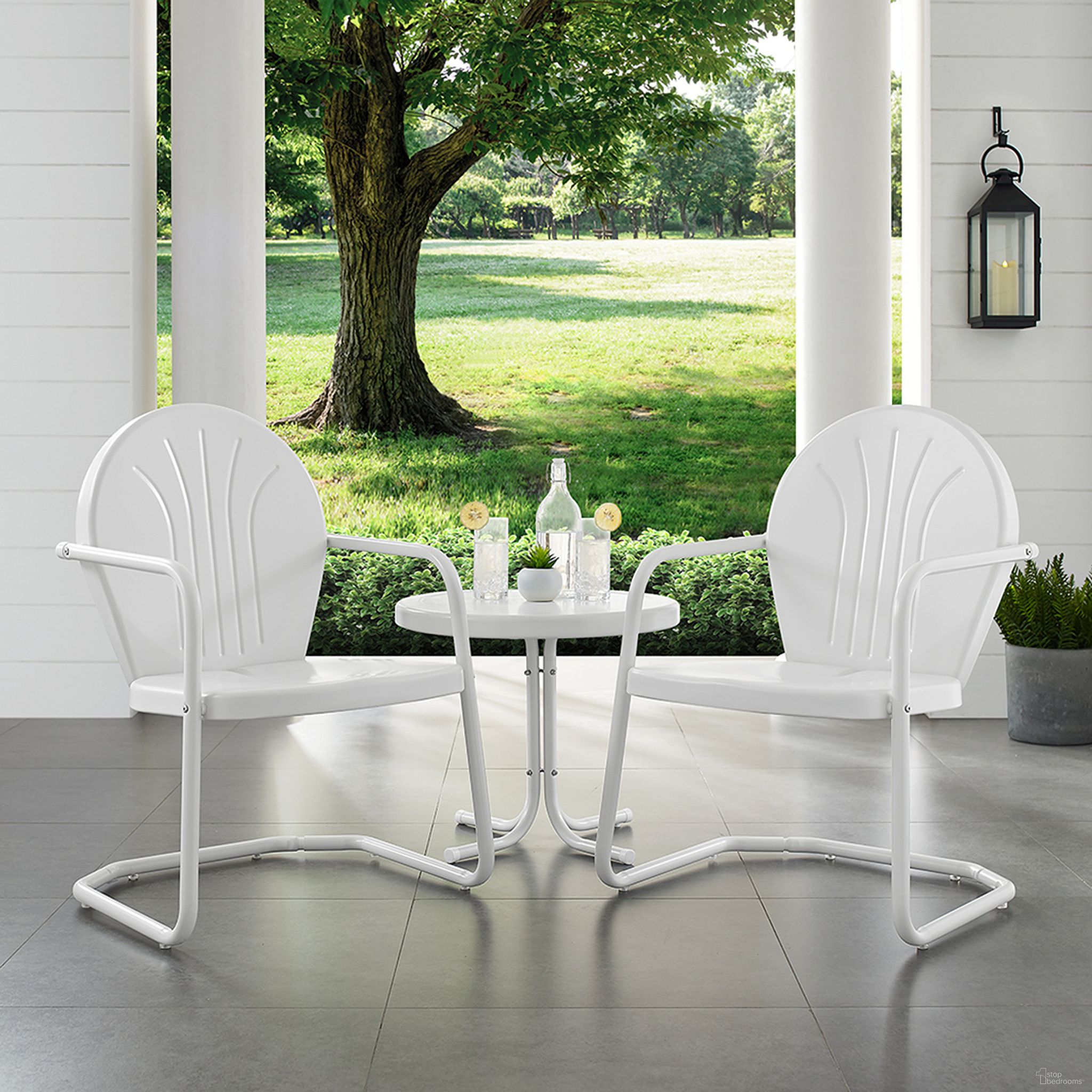 The appearance of Griffith 3 Piece Retro Outdoor Chair Set In White Gloss and White Satin designed by Crosley Brands in the transitional interior design. This white gloss piece of furniture was selected by 1StopBedrooms from Griffith Collection to add a touch of cosiness and style into your home. Sku: CO1001A-WH;CO1001A-WH;CO1011A-WH. Material: Steel.