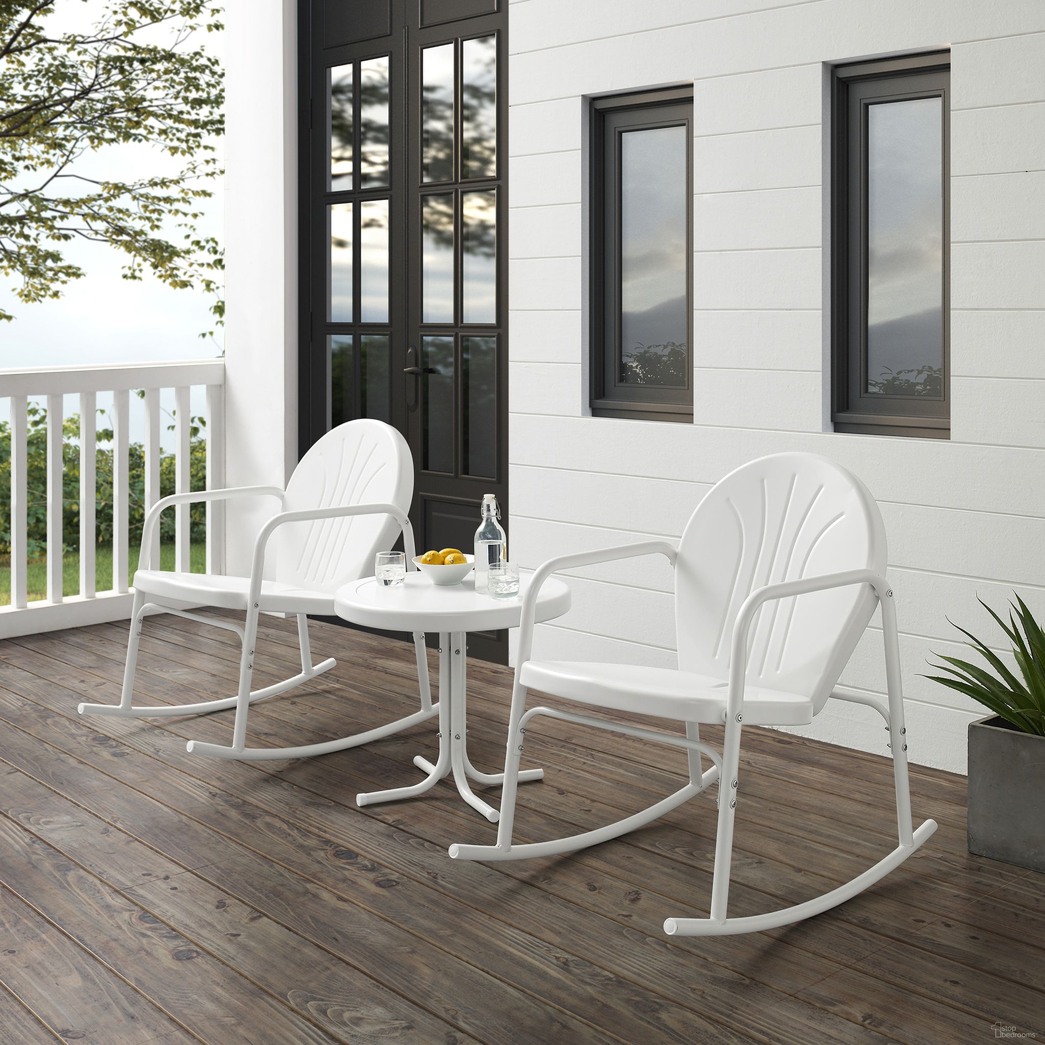 The appearance of Griffith 3 Piece Retro Outdoor Rocking Chair Set In White Gloss and White Satin designed by Crosley Brands in the transitional interior design. This white gloss piece of furniture was selected by 1StopBedrooms from Griffith Collection to add a touch of cosiness and style into your home. Sku: CO1013-WH;CO1011A-WH. Material: Steel.