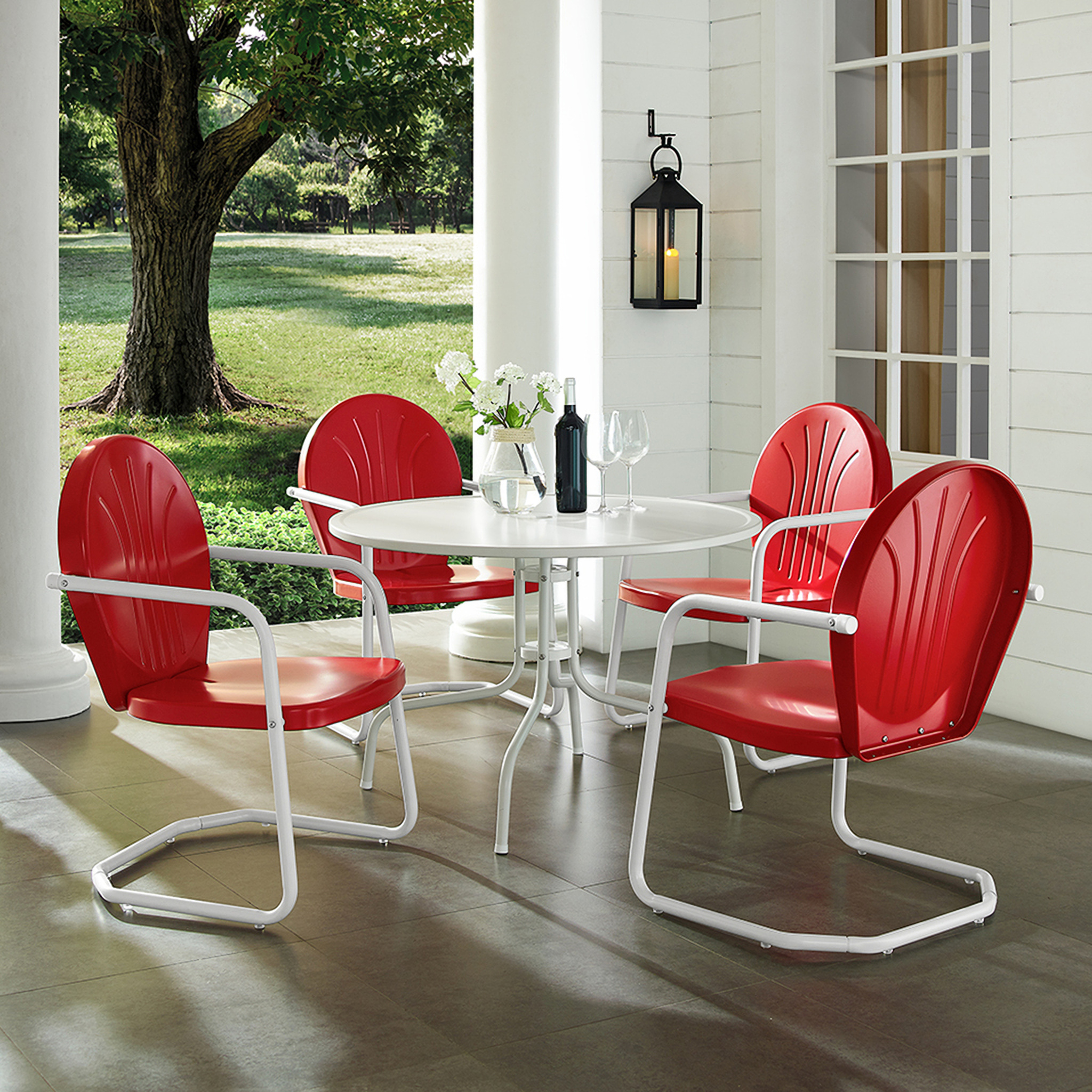 Griffith 5 Piece Round Retro Outdoor Dining Set In Bright Red Gloss and