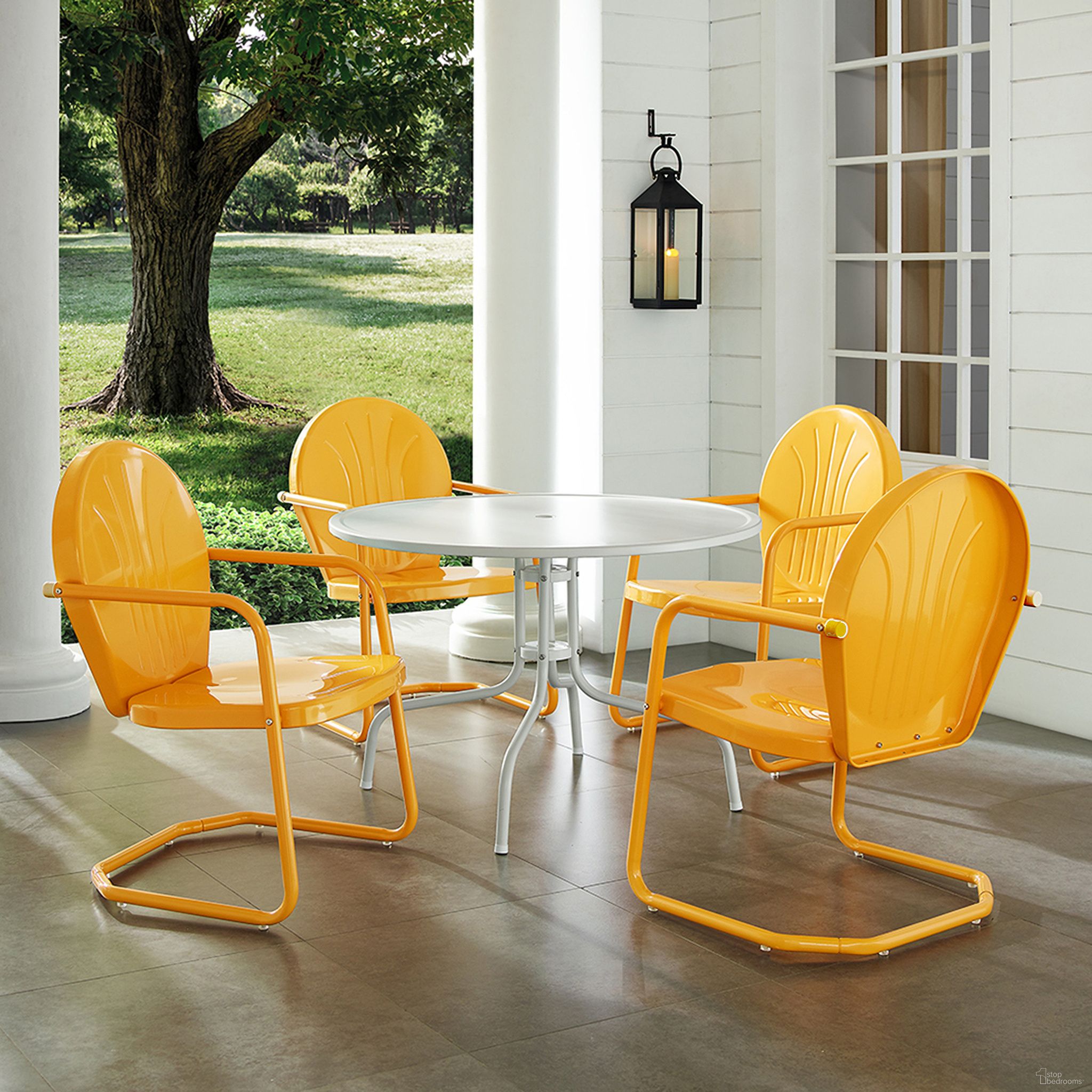 The appearance of Griffith 5 Piece Round Retro Outdoor Dining Set In Tangerine Gloss and White Satin designed by Crosley Brands in the transitional interior design. This tangerine piece of furniture was selected by 1StopBedrooms from Griffith Collection to add a touch of cosiness and style into your home. Sku: CO1012A-WH;CO1001A-TG;CO1001A-TG;CO1001A-TG;CO1001A-TG. Material: Steel.