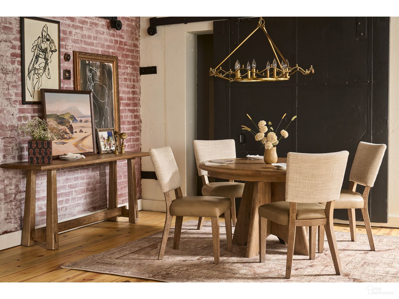 The appearance of Griffith Park Round Dining Set In Sienna designed by Universal in the modern / contemporary interior design. This sienna piece of furniture was selected by 1StopBedrooms from Griffith Park Collection to add a touch of cosiness and style into your home. Sku: U400657;U400624P;U400628P. Table Base Style: Pedestal. Table Top Shape: Round. Material: Wood. Size: 48".
