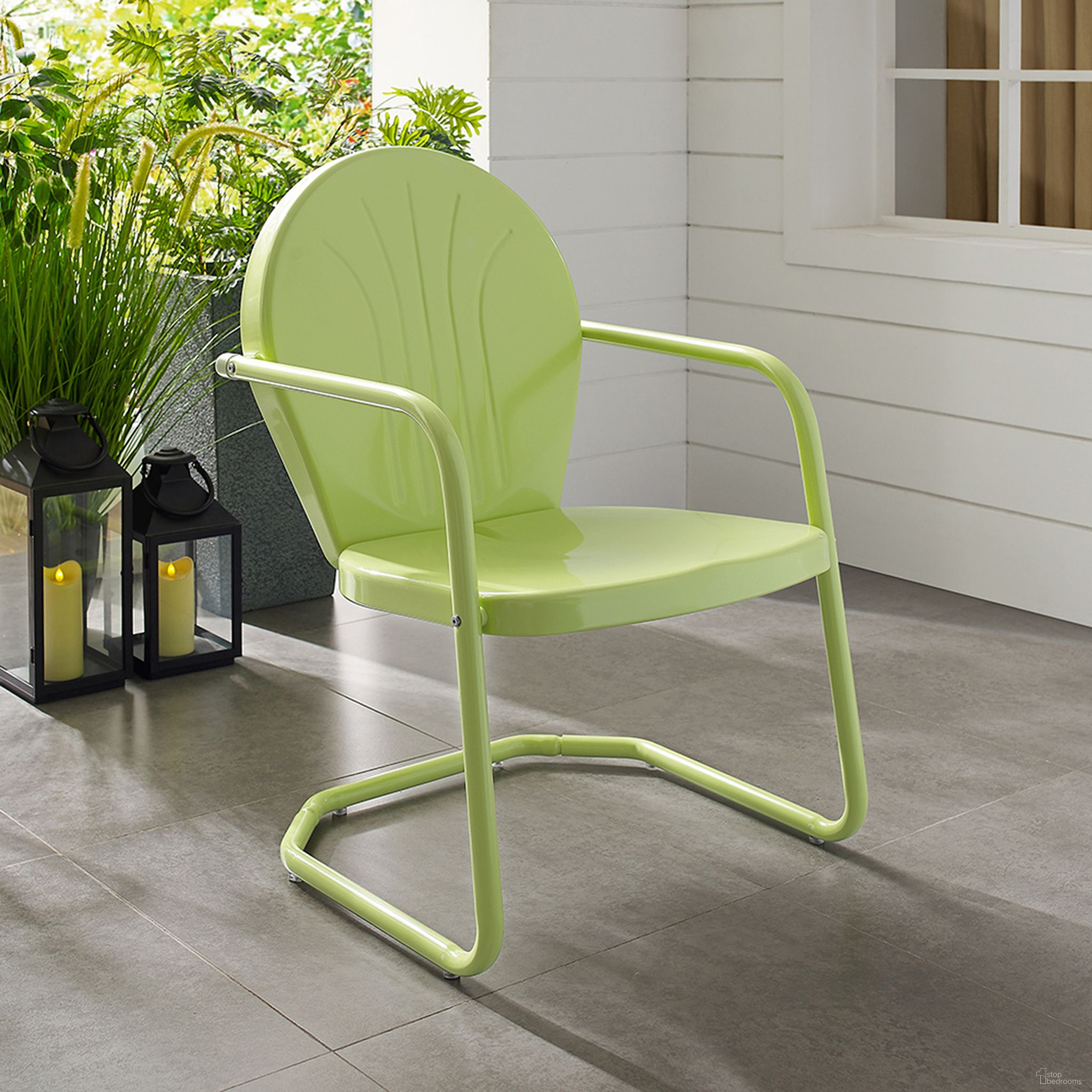 The appearance of Griffith Retro Outdoor Chair In Key Lime Gloss designed by Crosley Brands in the transitional interior design. This lime piece of furniture was selected by 1StopBedrooms from Griffith Collection to add a touch of cosiness and style into your home. Sku: CO1001A-KL. Material: Steel.