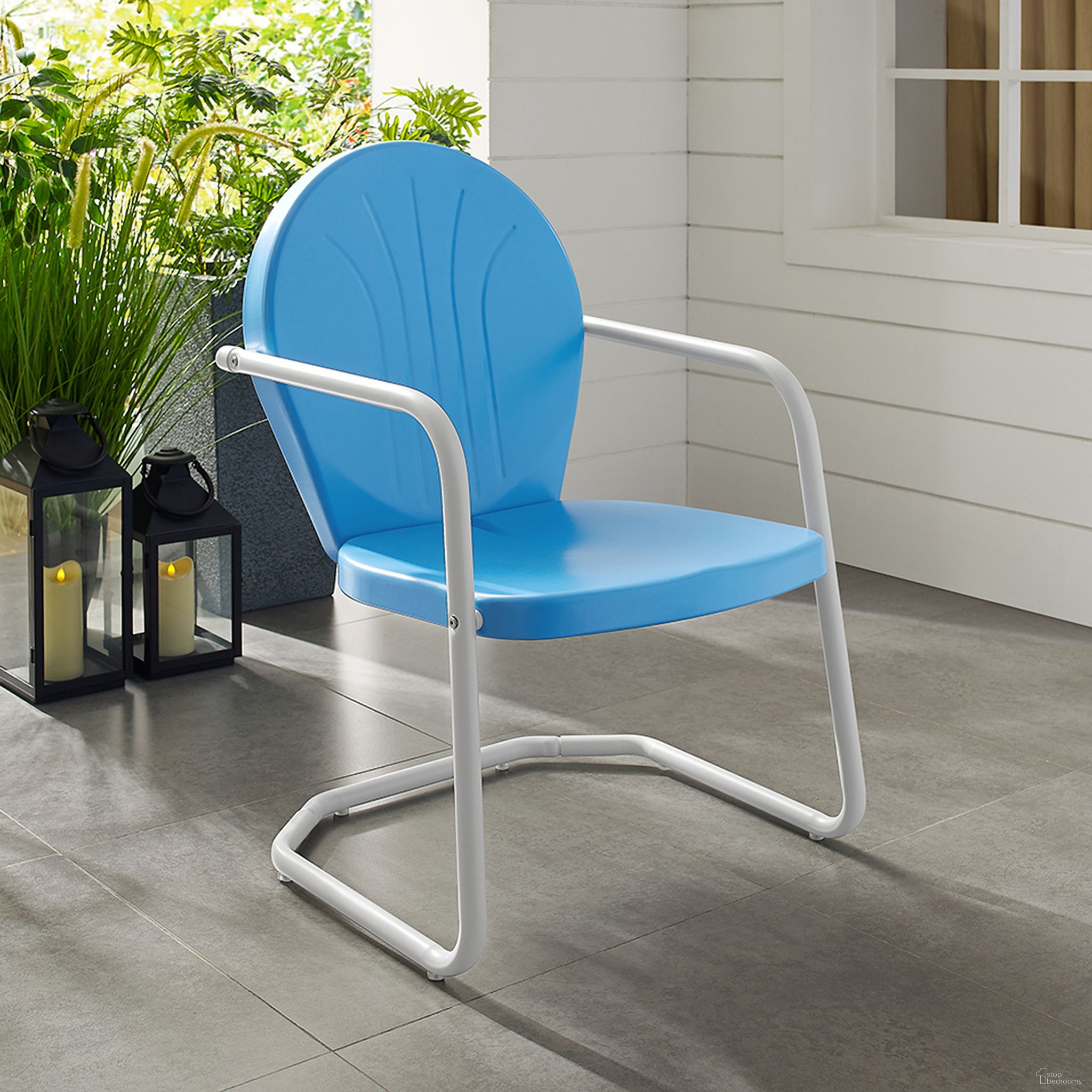 The appearance of Griffith Retro Outdoor Chair In Sky Blue Gloss designed by Crosley Brands in the transitional interior design. This sky blue piece of furniture  was selected by 1StopBedrooms from Griffith Collection to add a touch of cosiness and style into your home. Sku: CO1001A-BL. Material: Steel.